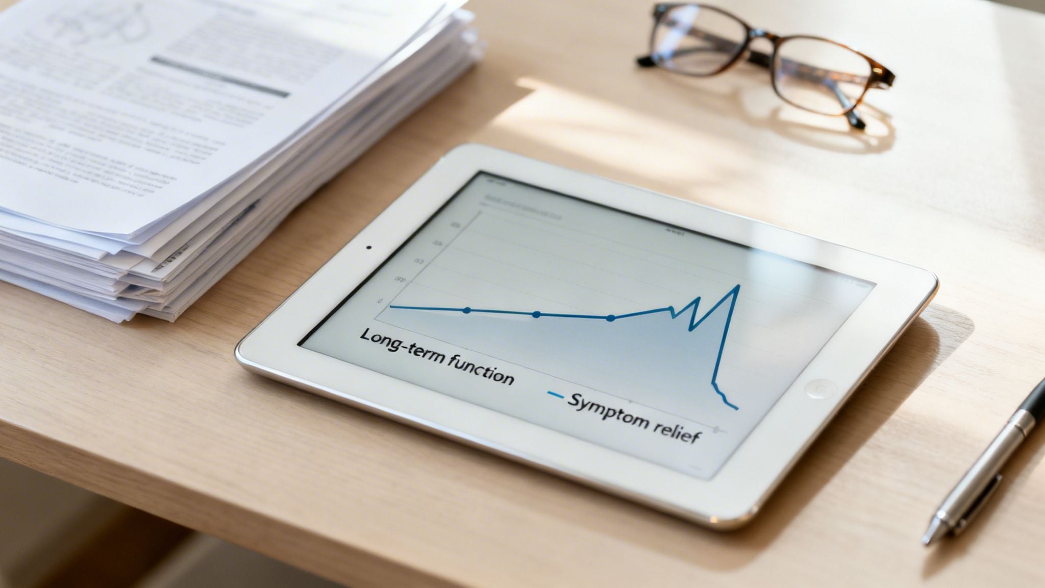 A tablet with a medical graph, "Long-term function" and "Symptom relief," lies on a desk with papers, glasses, and a pen.
