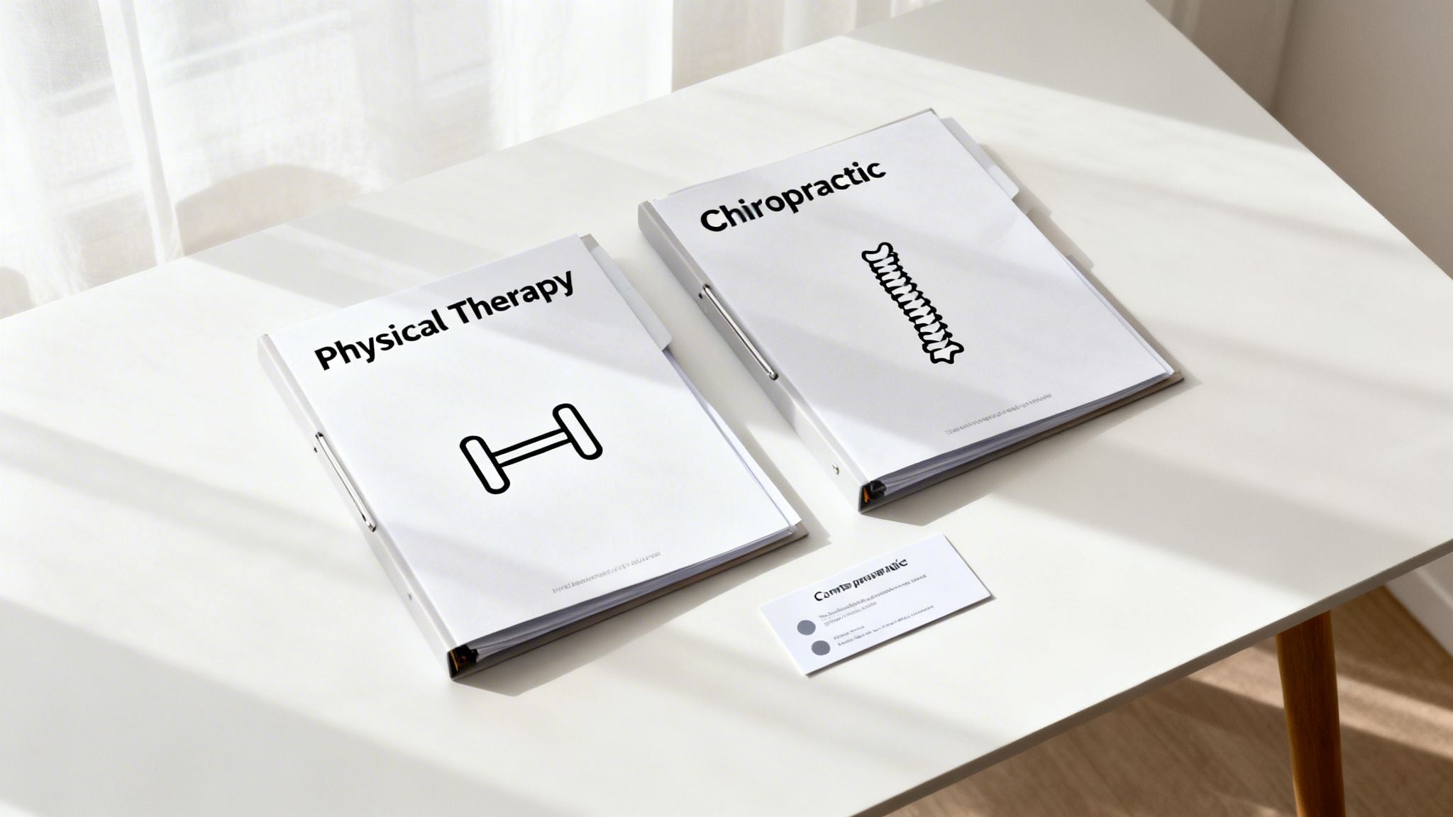 Two white binders, one labeled "Physical Therapy" with a dumbbell icon, and another "Chiropractic" with a spine icon, on a white desk.