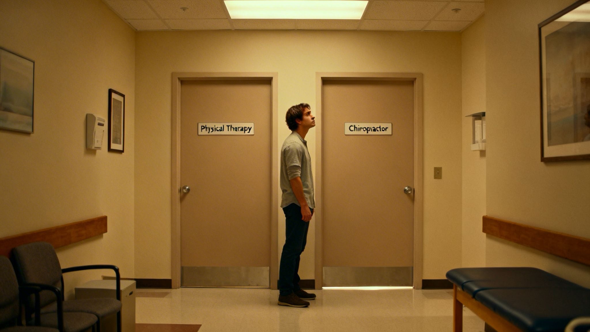 A man stands in a medical hallway, contemplating doors labeled 'Physical Therapy' and 'Chiropractor'.