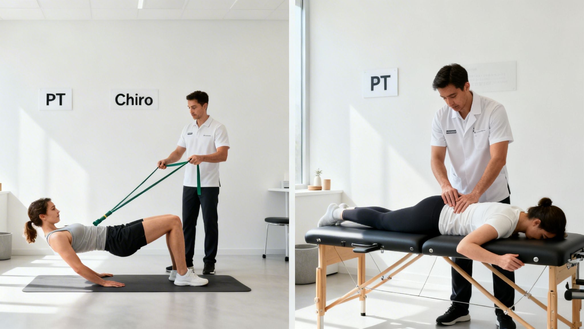 Two scenes comparing physical therapy and chiropractic treatment for back pain and mobility.