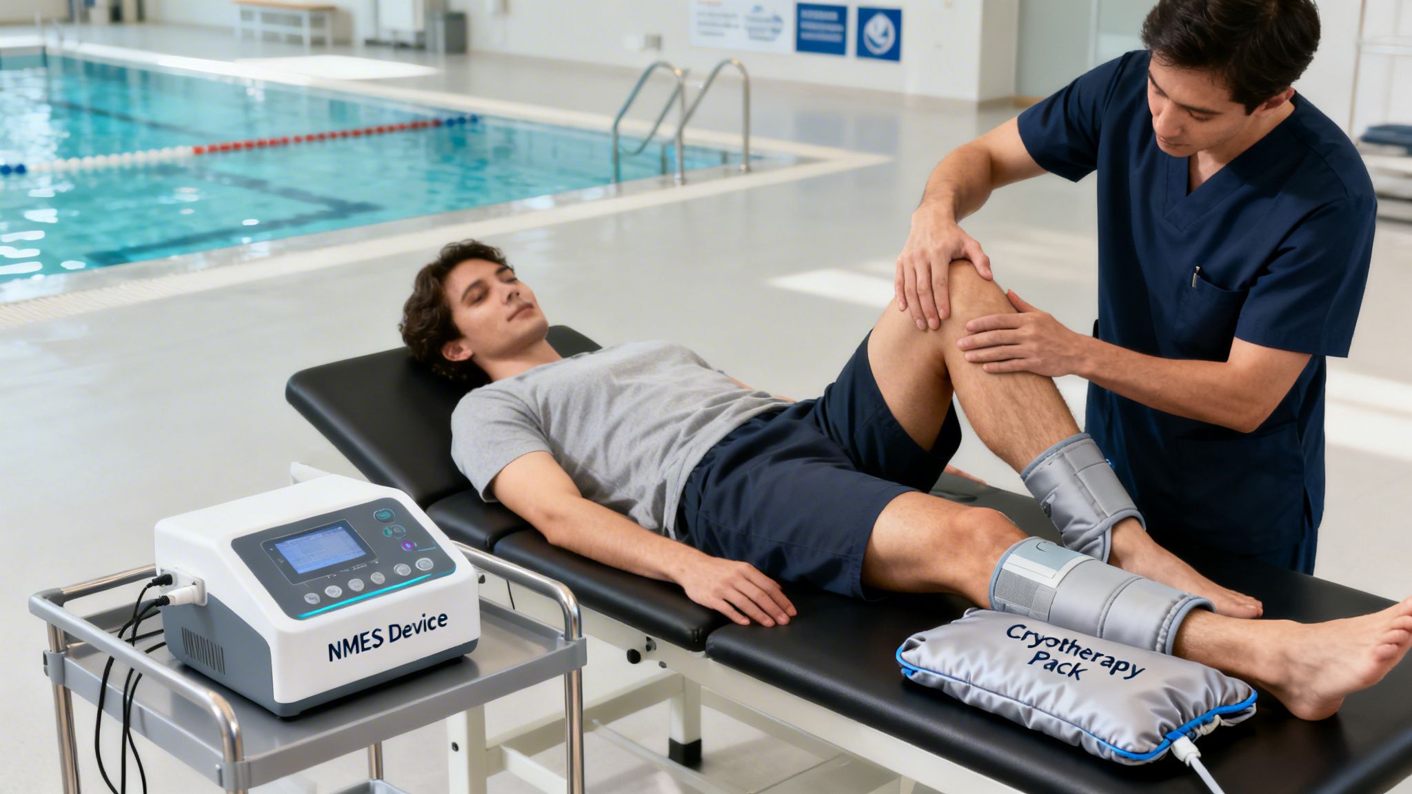 A therapist examines a patient's knee during rehabilitation, with an NMES device and cryotherapy packs nearby.