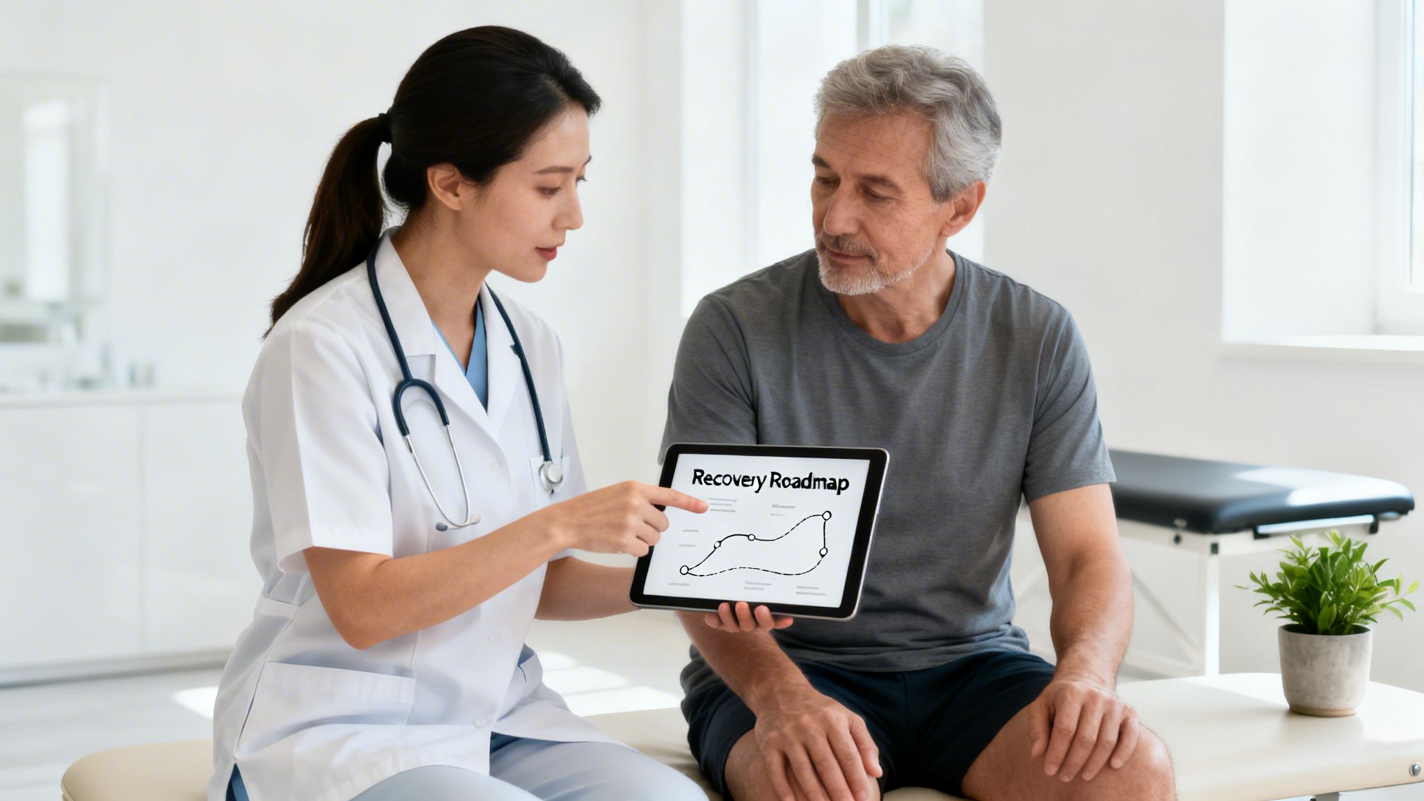A female physical therapist shows a recovery roadmap on a tablet to a senior male patient.