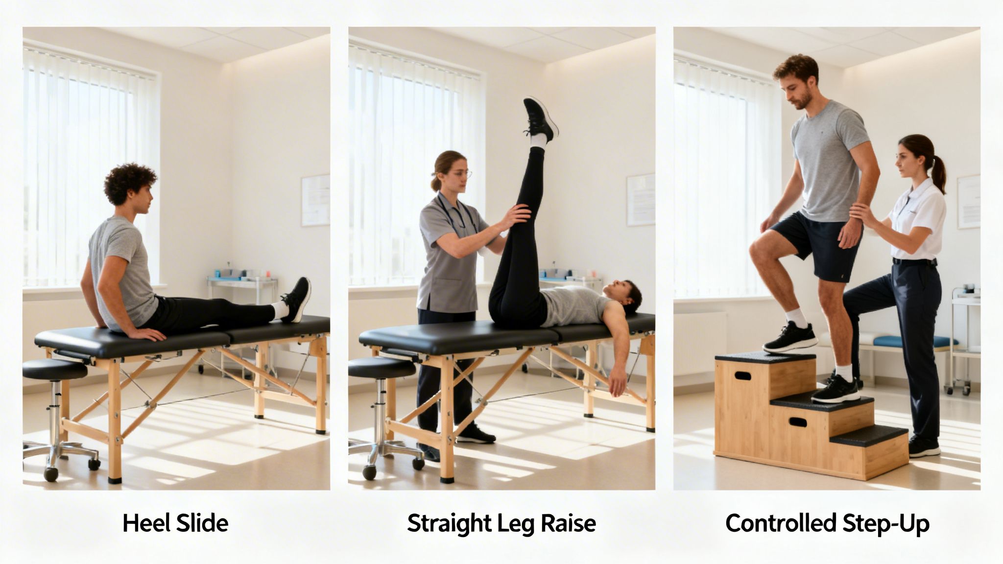 Three panels show physical therapists assisting patients with knee rehabilitation exercises: Heel Slide, Straight Leg Raise, and Controlled Step-Up.