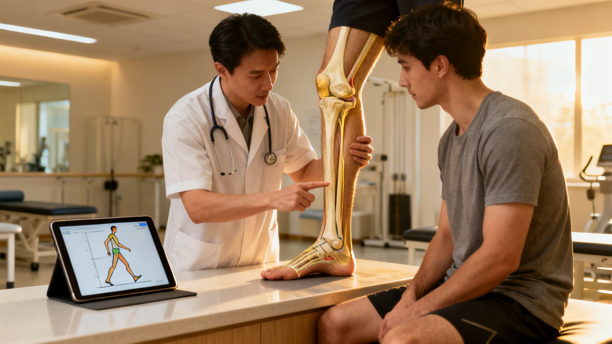 Physiotherapist showing leg bones on a patient's leg with a digital tablet for shin splints.
