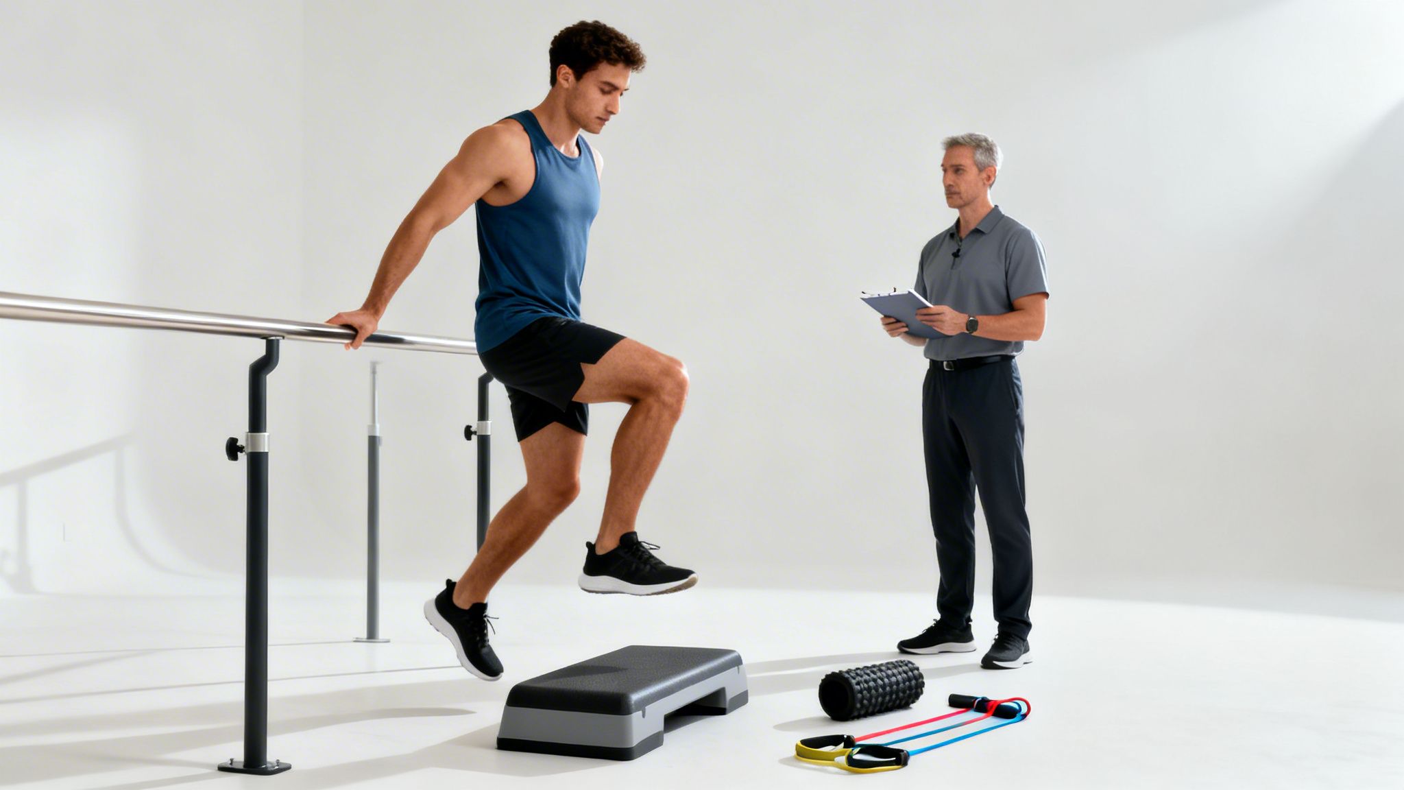 Young man performs step exercises with parallel bars, supervised by a a physical therapist.