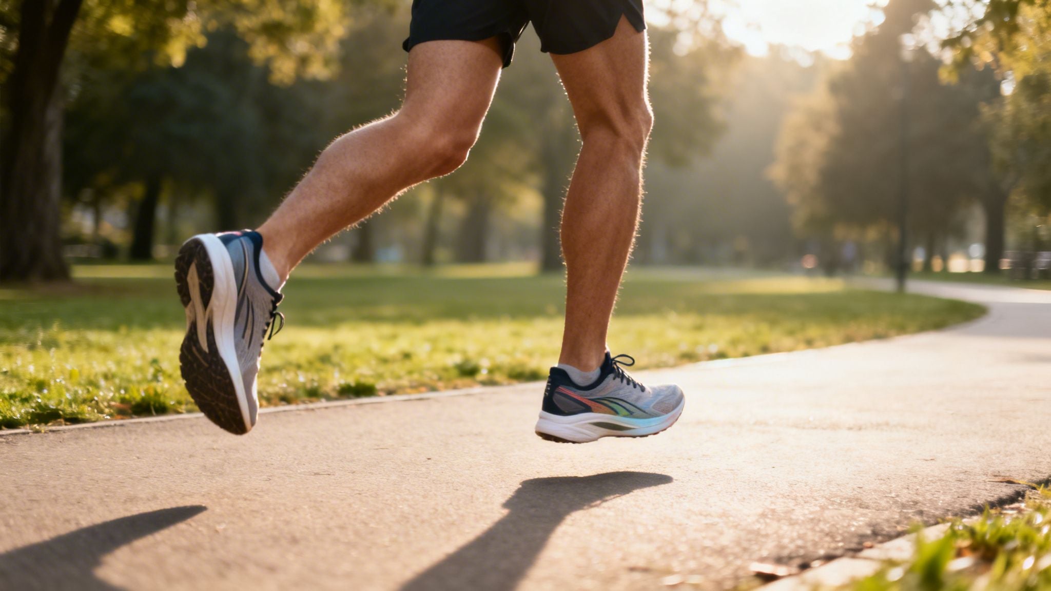 Close-up of a runner's legs and shoes mid-stride on a sunny park path.