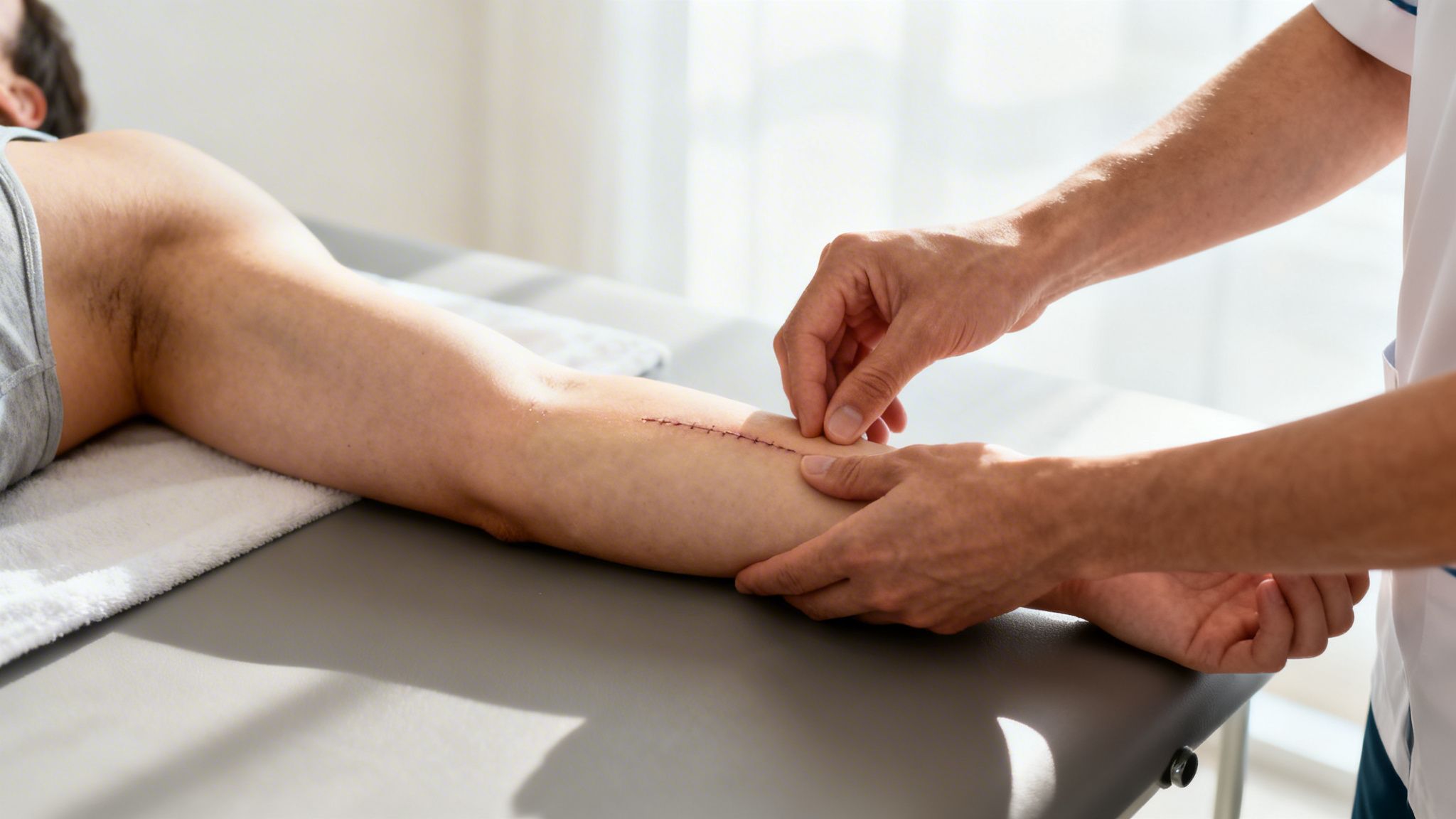 Close-up of a medical professional examining a healing surgical scar on a patient's forearm.