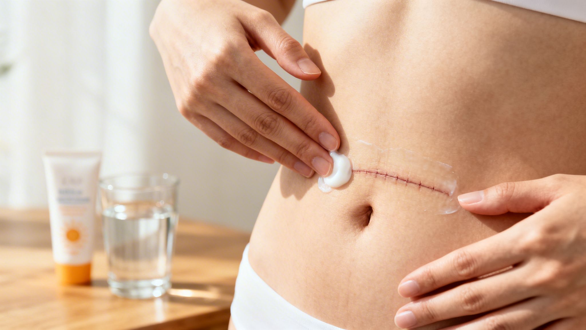 Person gently applying healing cream to a visible surgical scar with stitches on their abdomen.