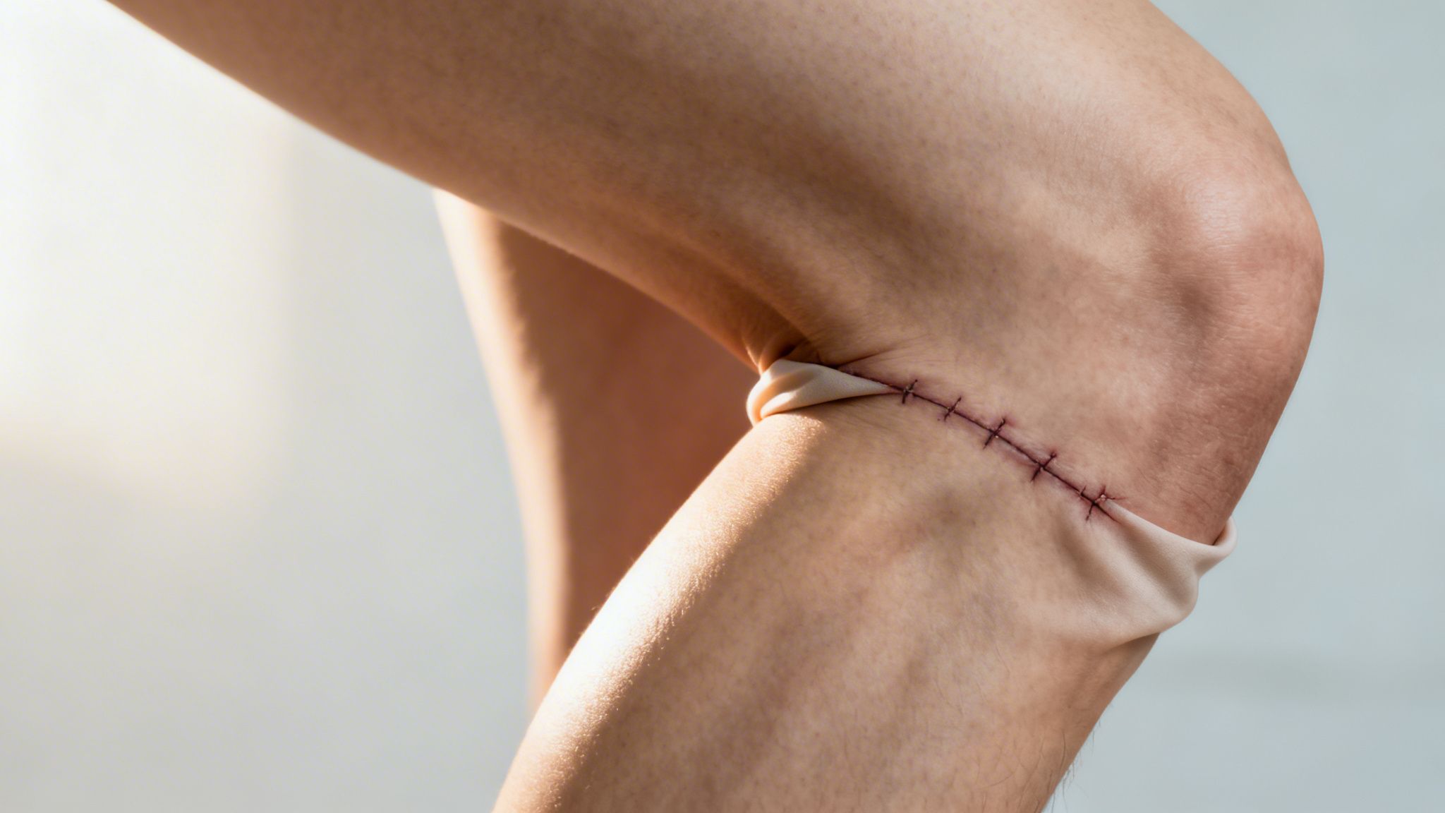Healing surgical incision with visible stitches on a person's knee.