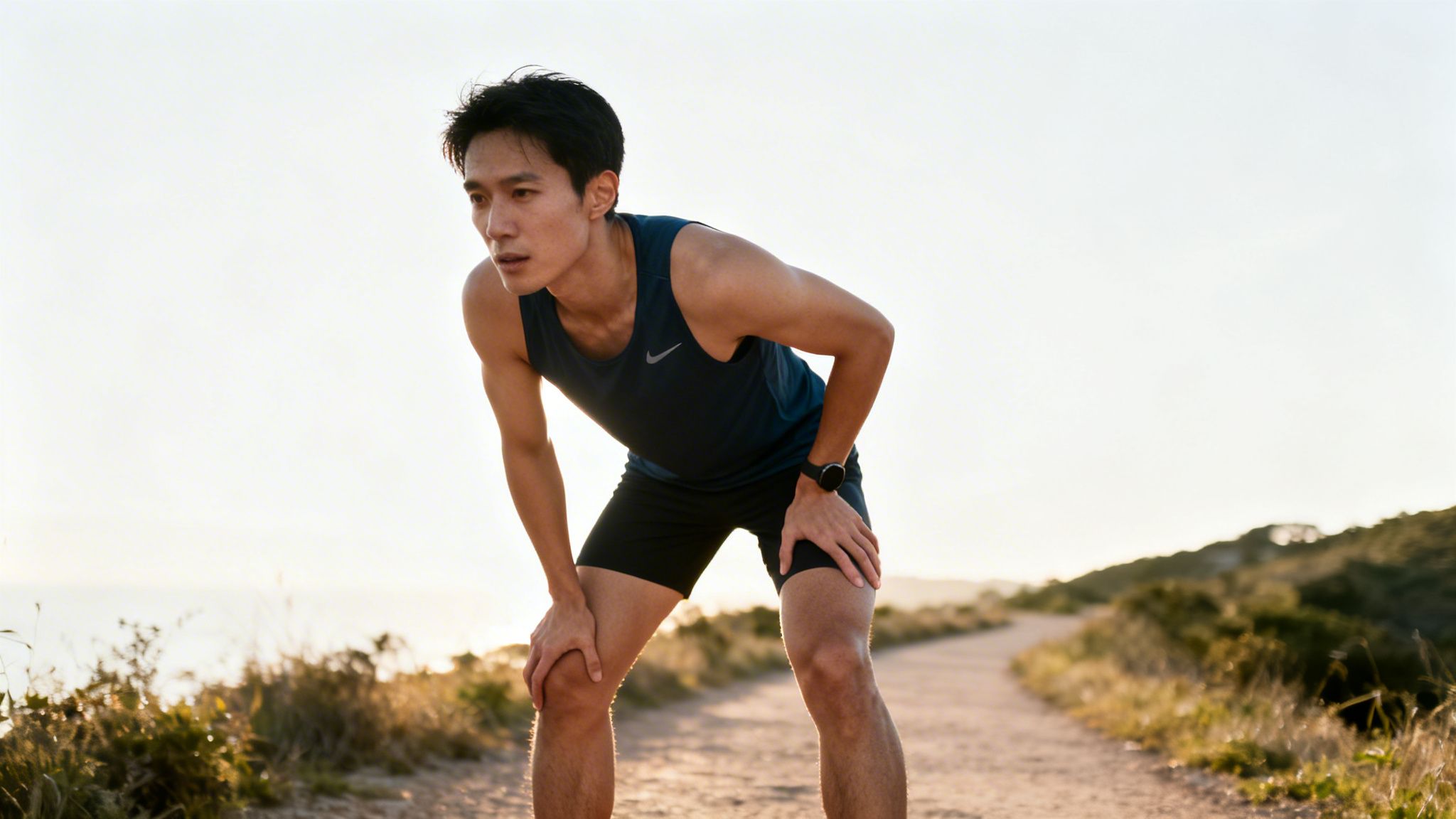 Asian man in a running tank top pauses during a run, hands on knees, looking tired.