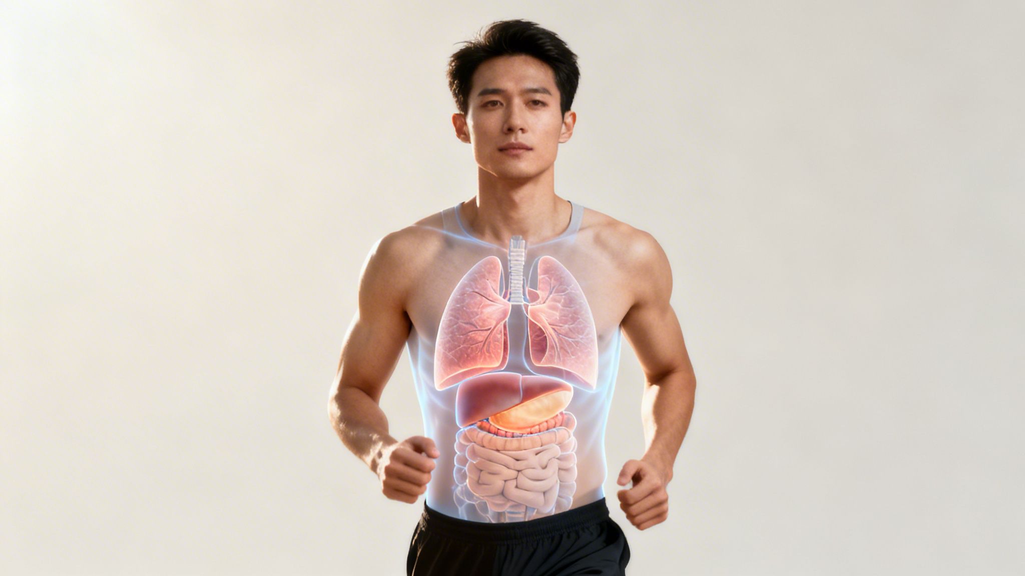 A fit man running with an X-ray visualization of his internal organs: lungs, liver, stomach, and intestines.