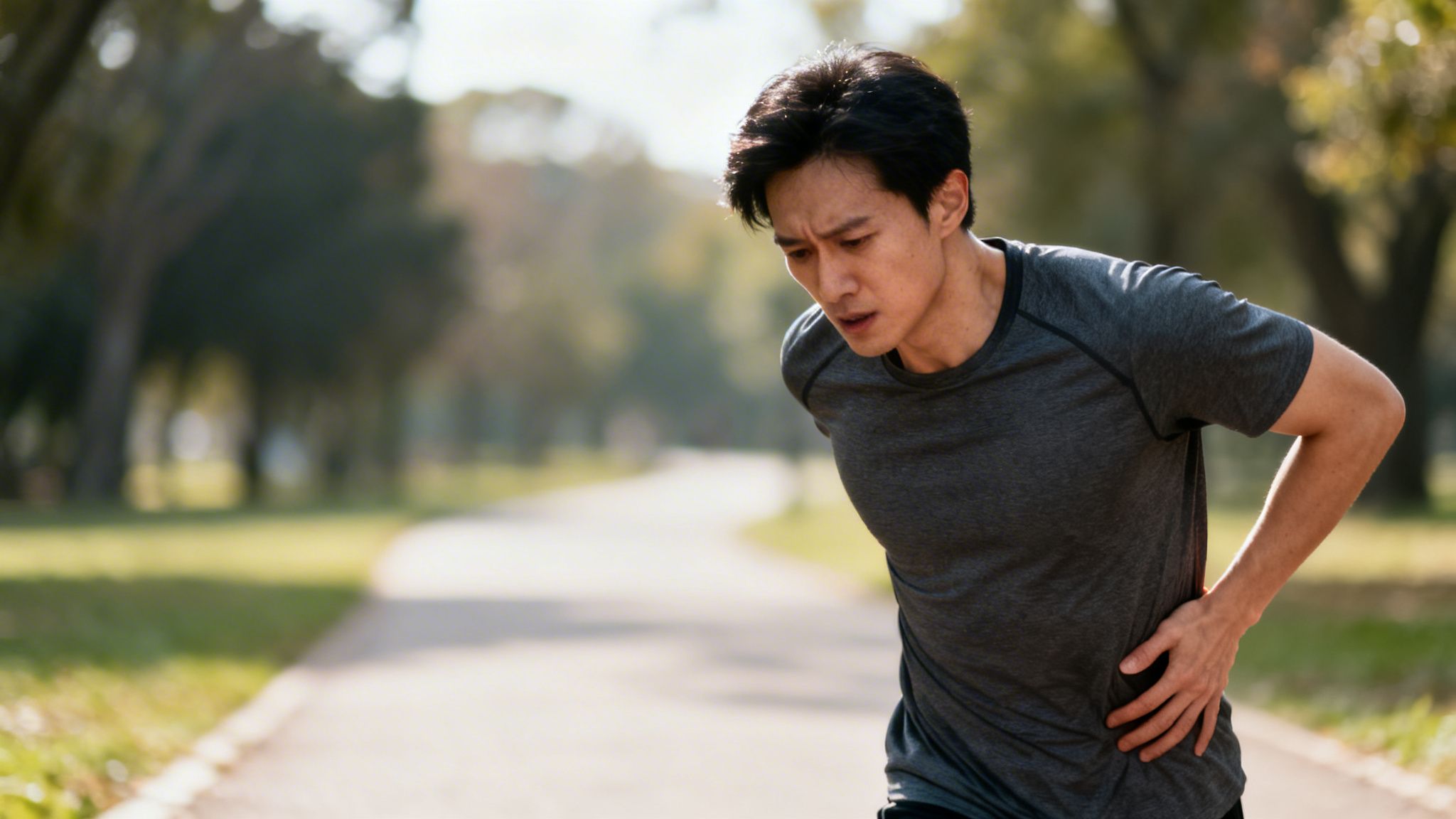 An Asian man experiences a side stitch while running in a park, clutching his painful right side.