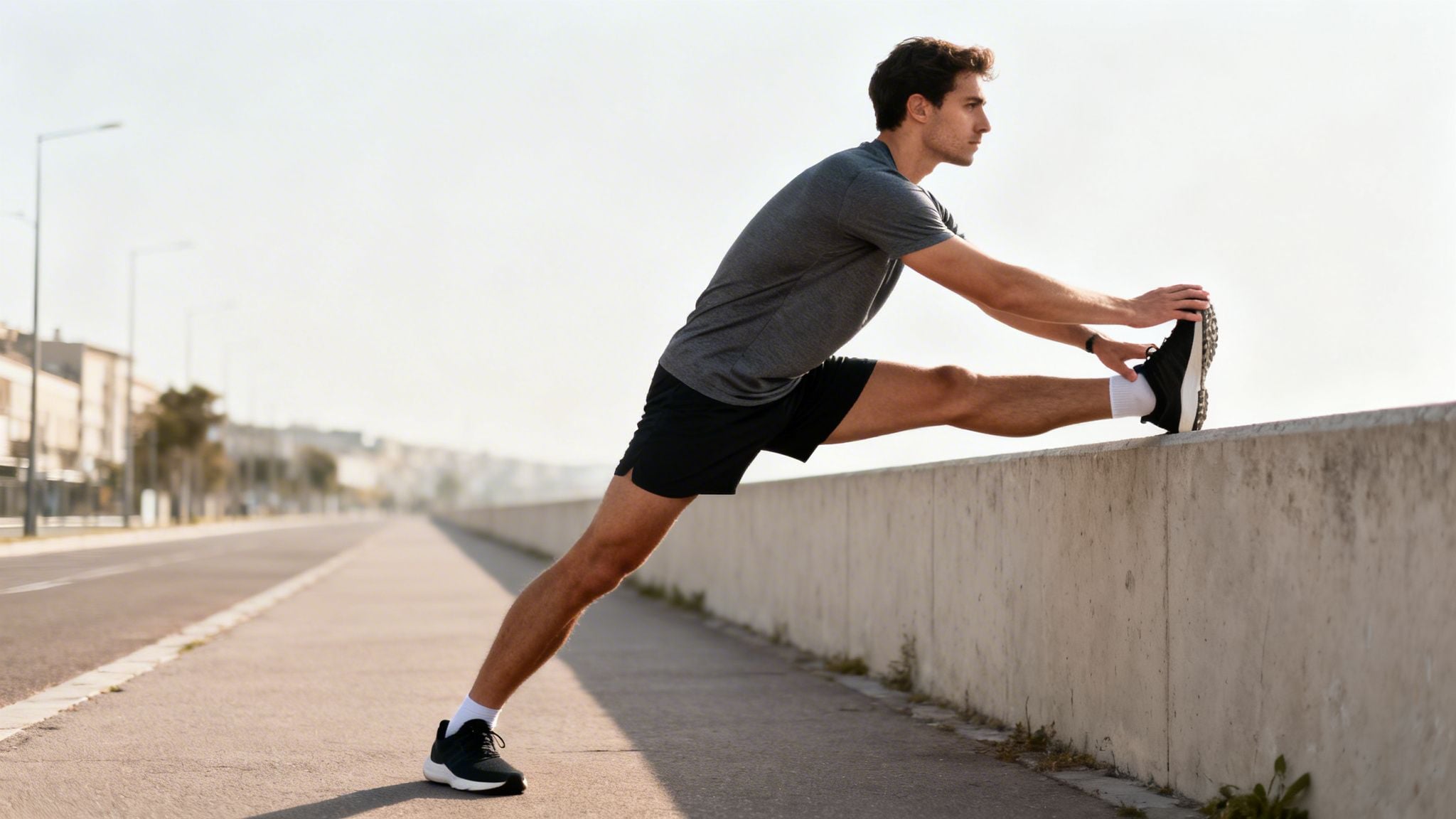 A fit man in athletic wear stretches his leg on a concrete wall by a road on a sunny day.