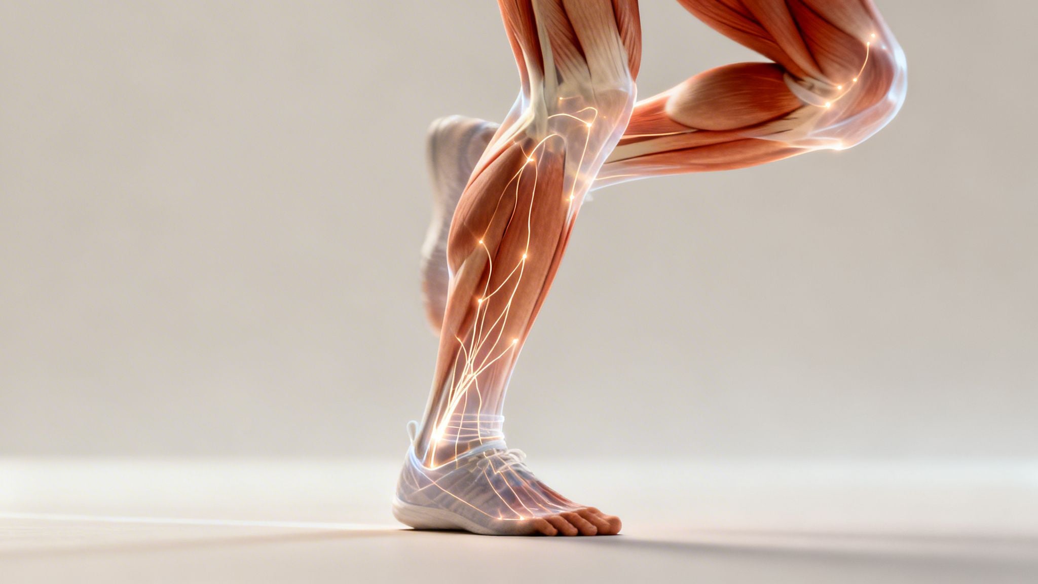 Detailed 3D illustration of a runner's leg muscles with glowing nervous system.