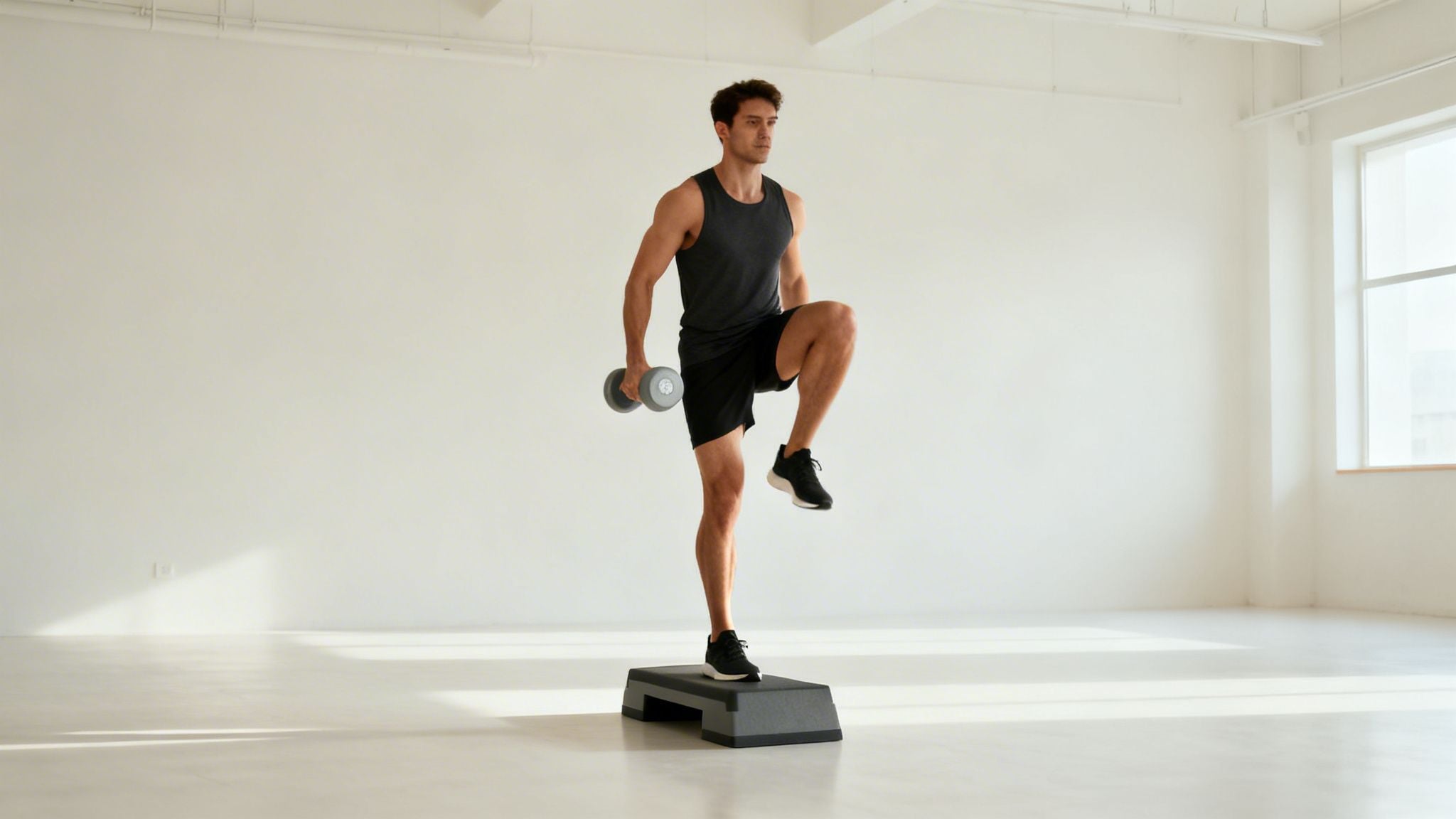 A fit man performs step-up exercise with a dumbbell on a platform in a bright room.