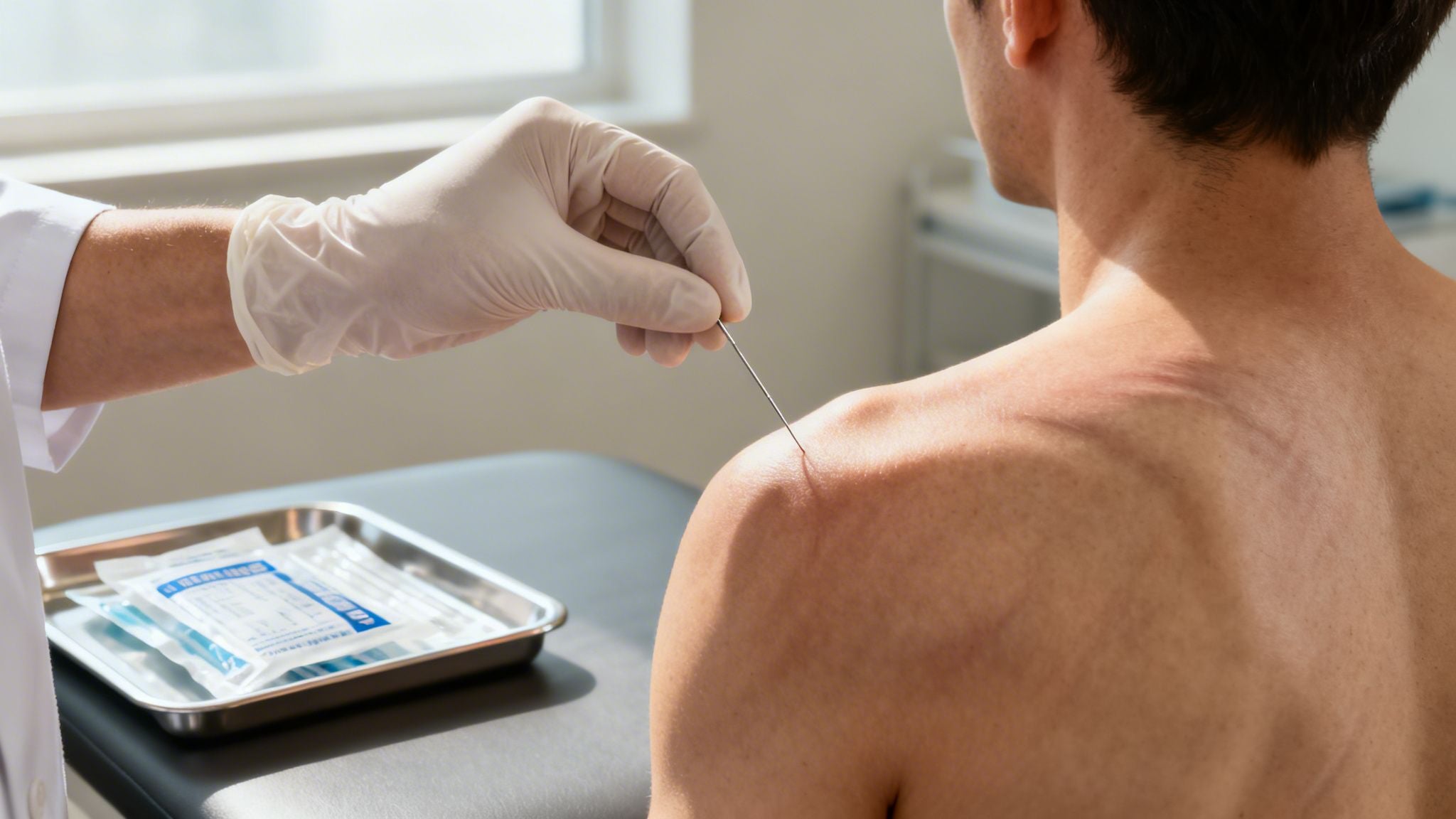 A gloved therapist performs dry needling on a patient's shoulder for muscle pain relief.