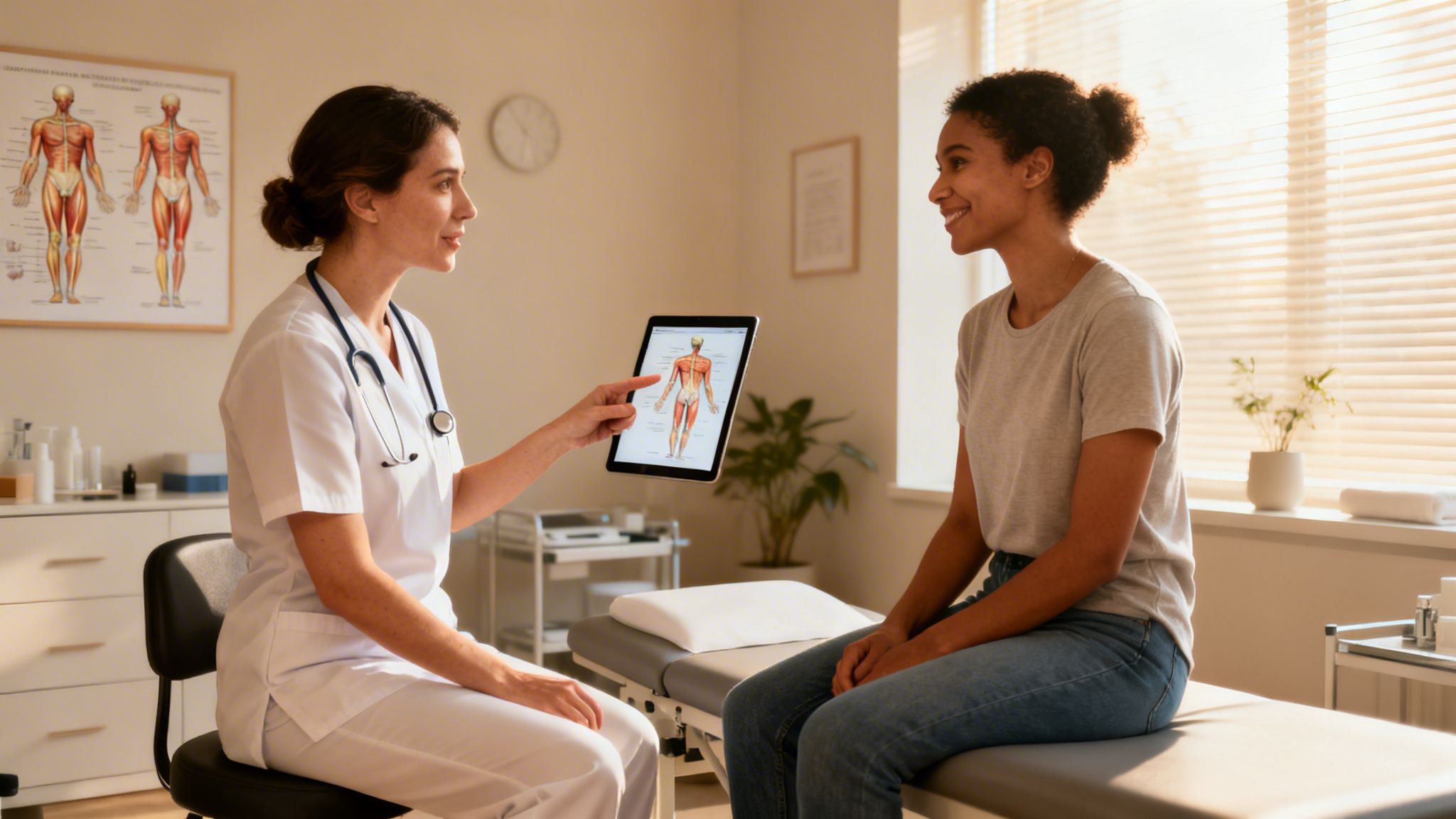 A female doctor explains human anatomy on a tablet to a smiling female patient in a clinic.