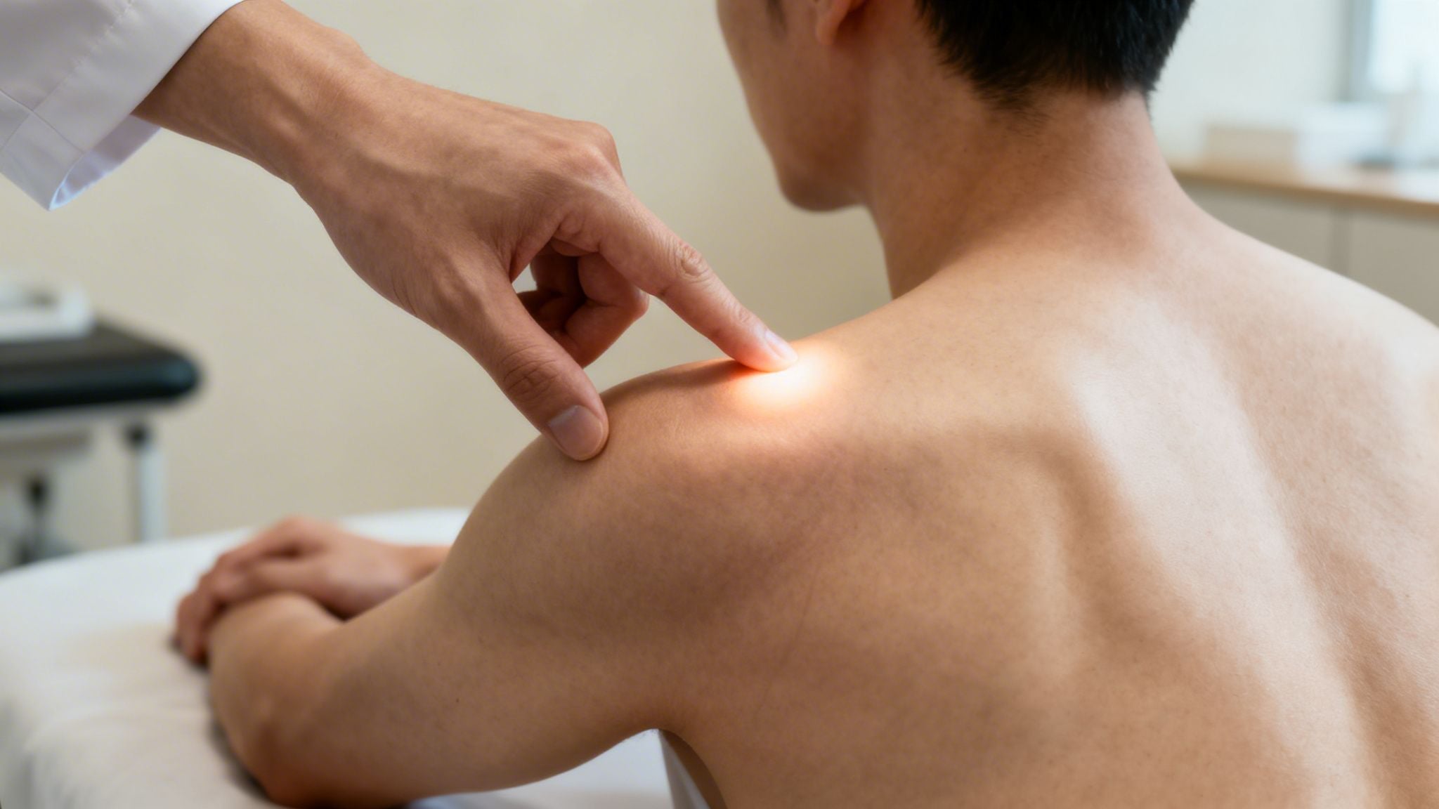 A doctor's hand points to a glowing spot on a patient's bare shoulder during examination.