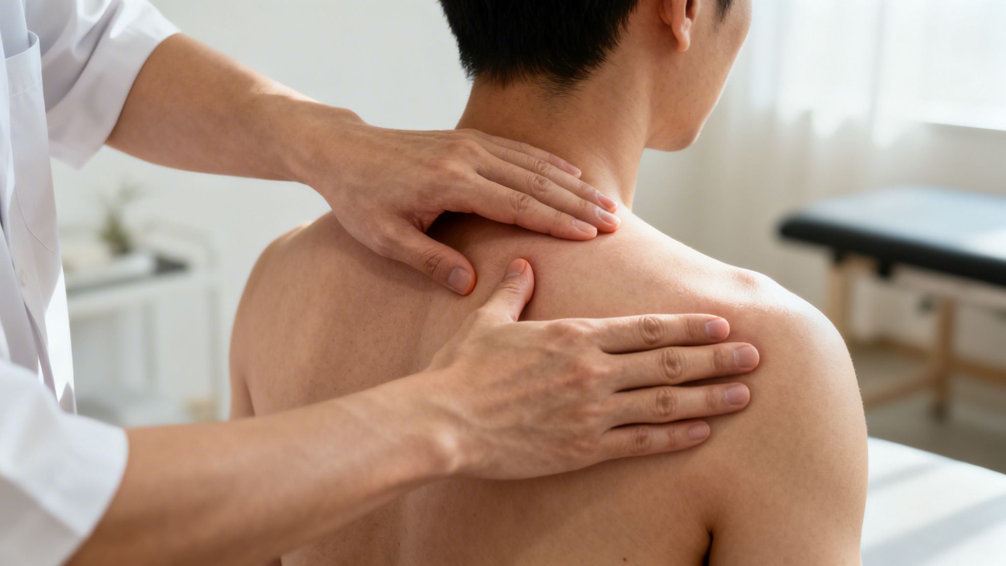 A professional therapist massages the shoulder and upper back of a male patient in a clinic.