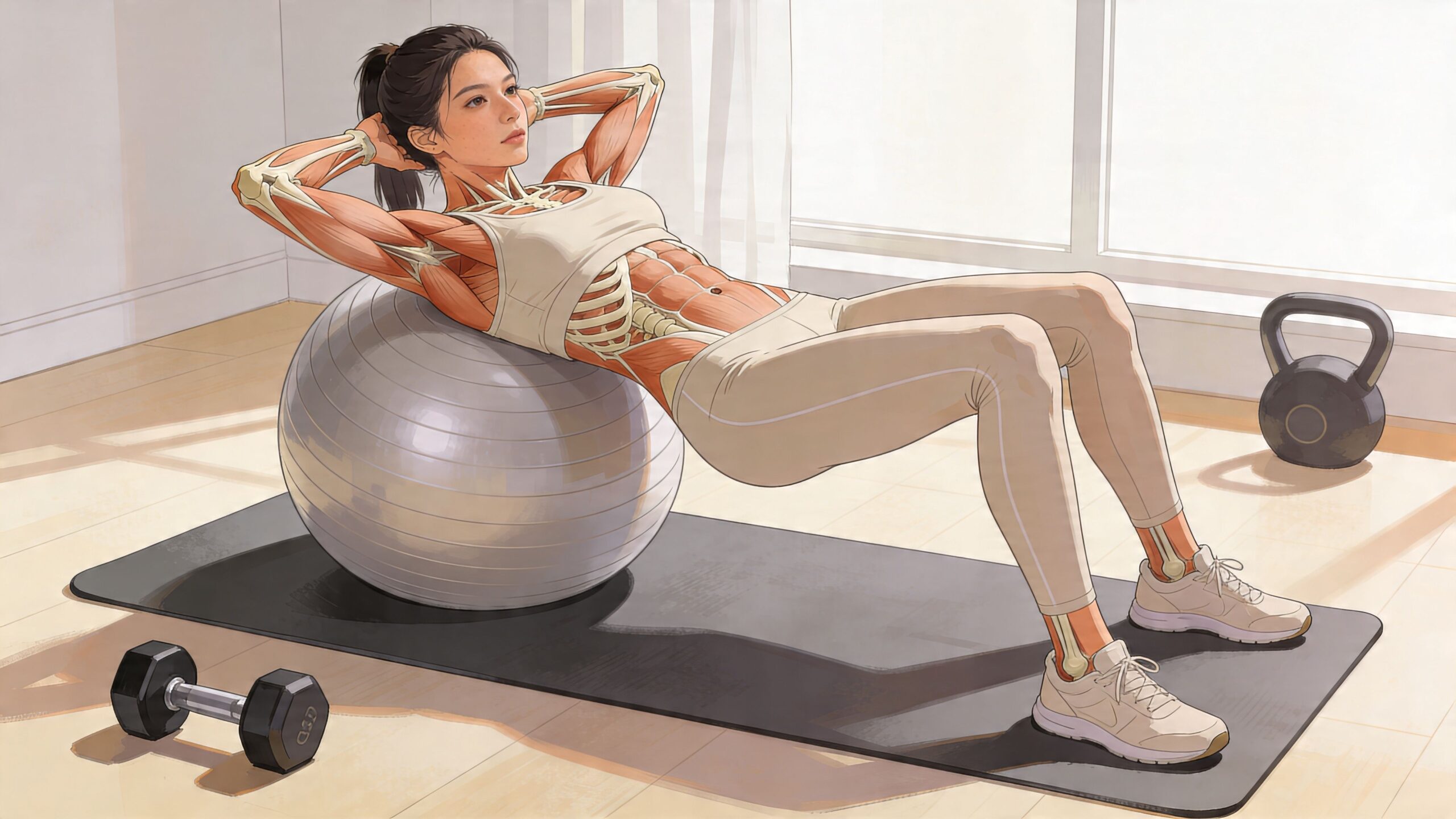 A woman performing abdominal crunches on an exercise ball with anatomical muscle and bone structures visible.