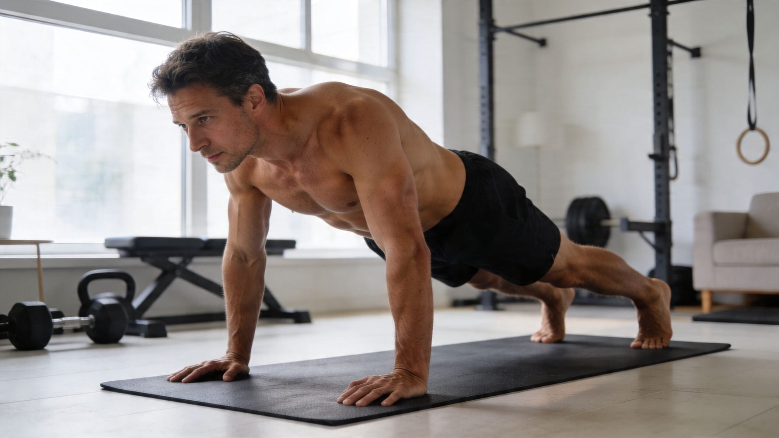 A fit man performing a plank exercise on a black mat in his home gym setup.
