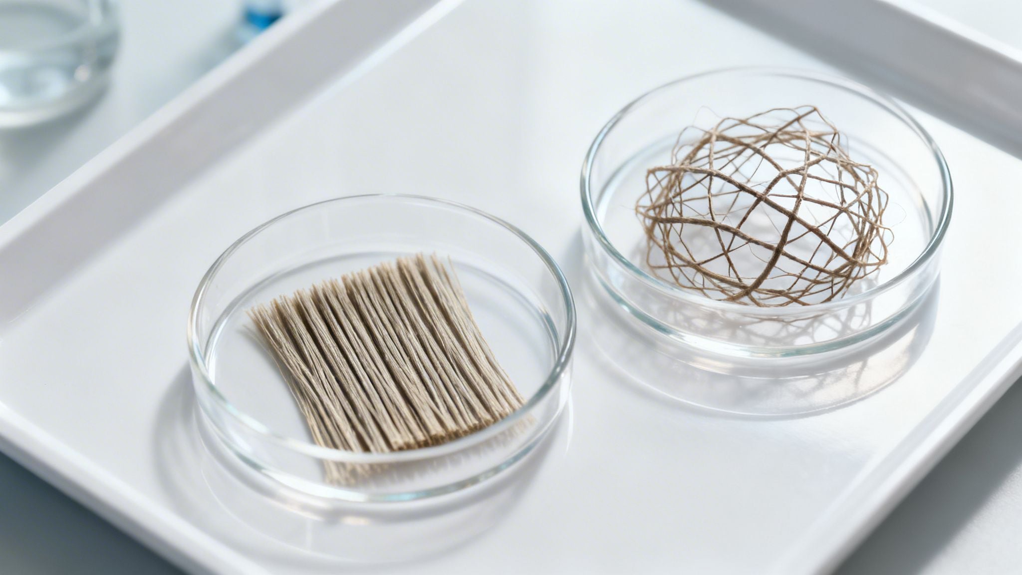 Two petri dishes on a white tray, one containing fibers, the other a woven sphere, possibly for biomaterial research.
