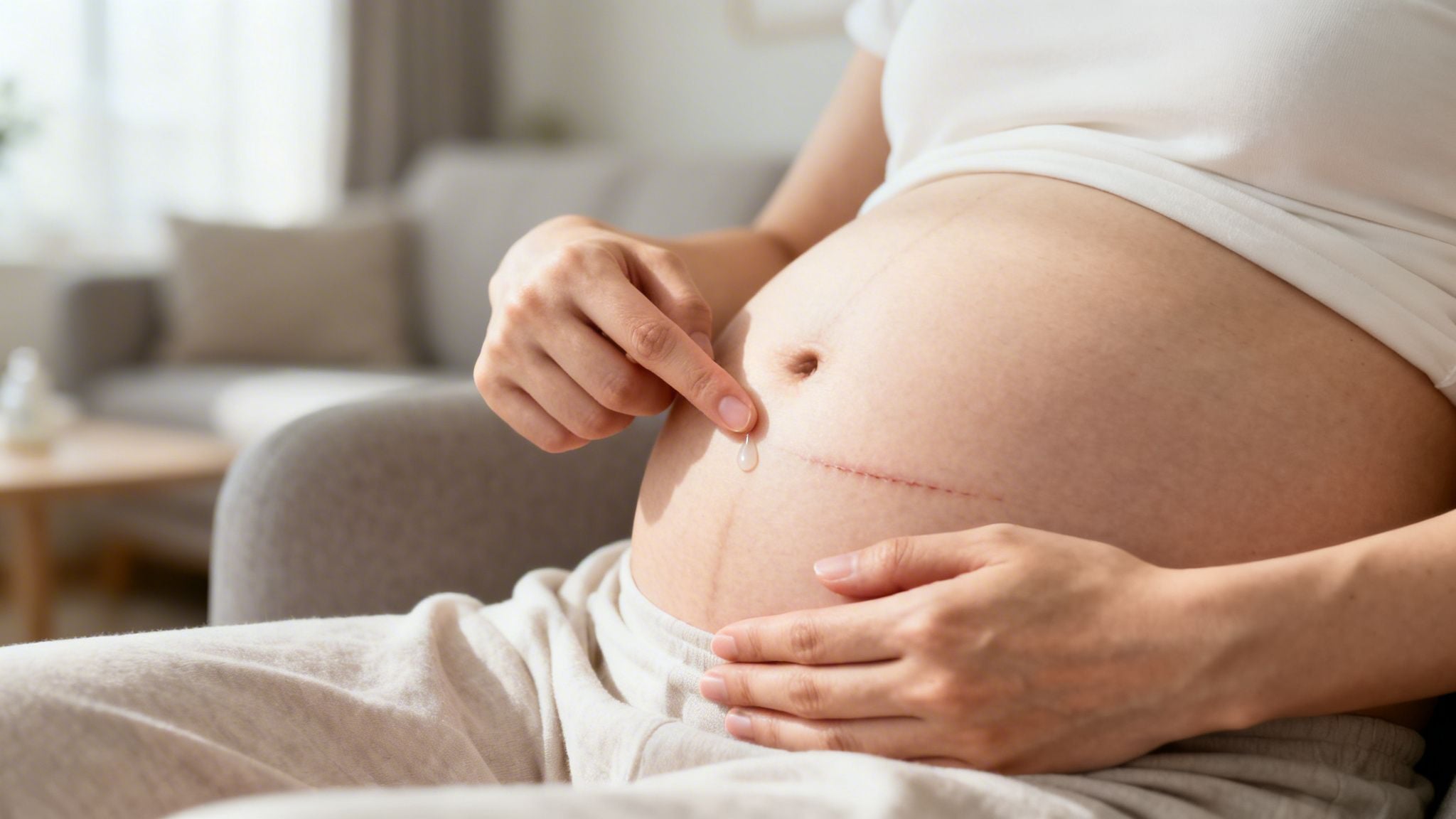 Pregnant woman pointing to a drop of oil or lotion on her C-section scar.