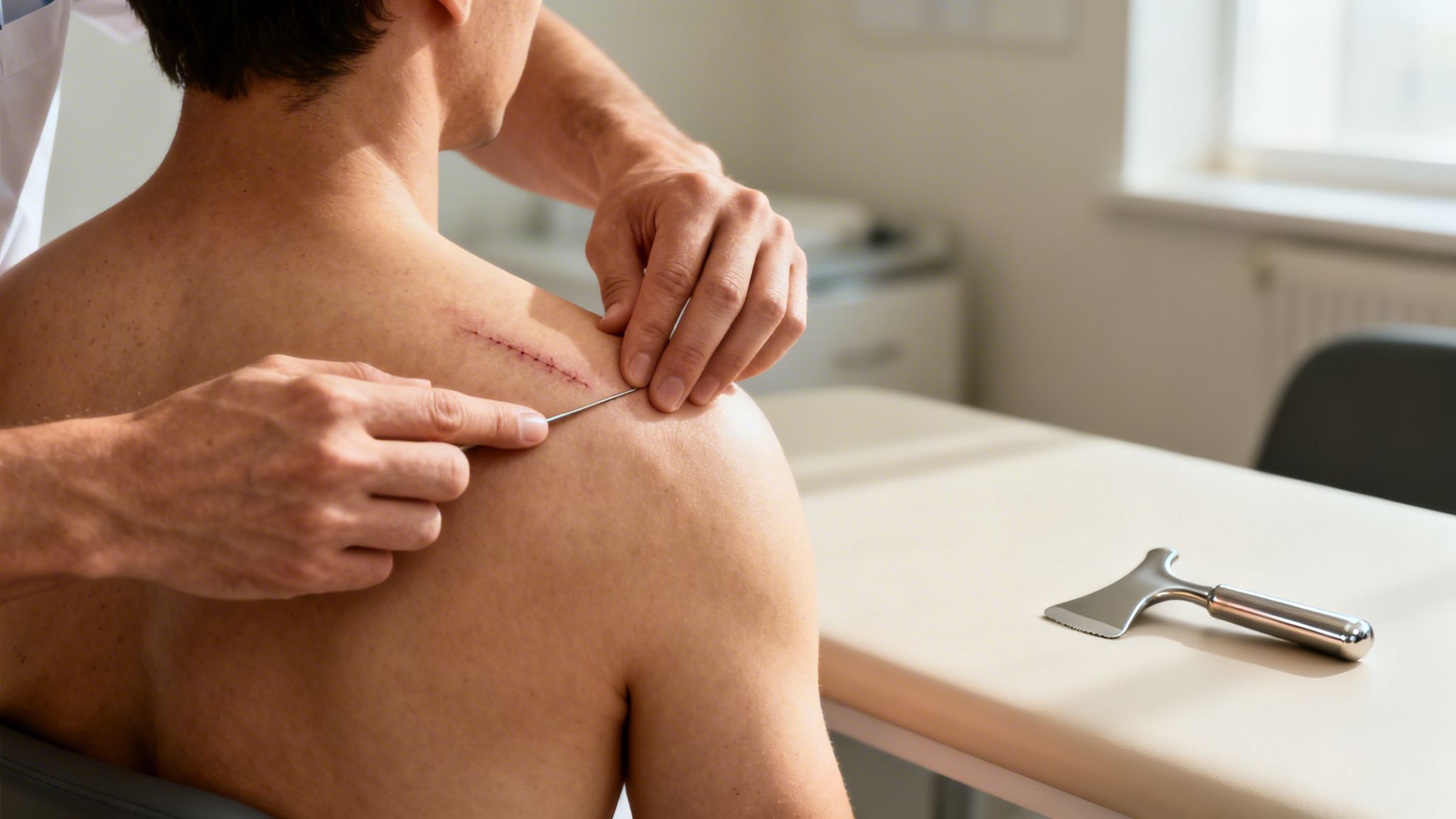 A doctor examines a patient's healing surgical scar on the shoulder with a medical instrument.