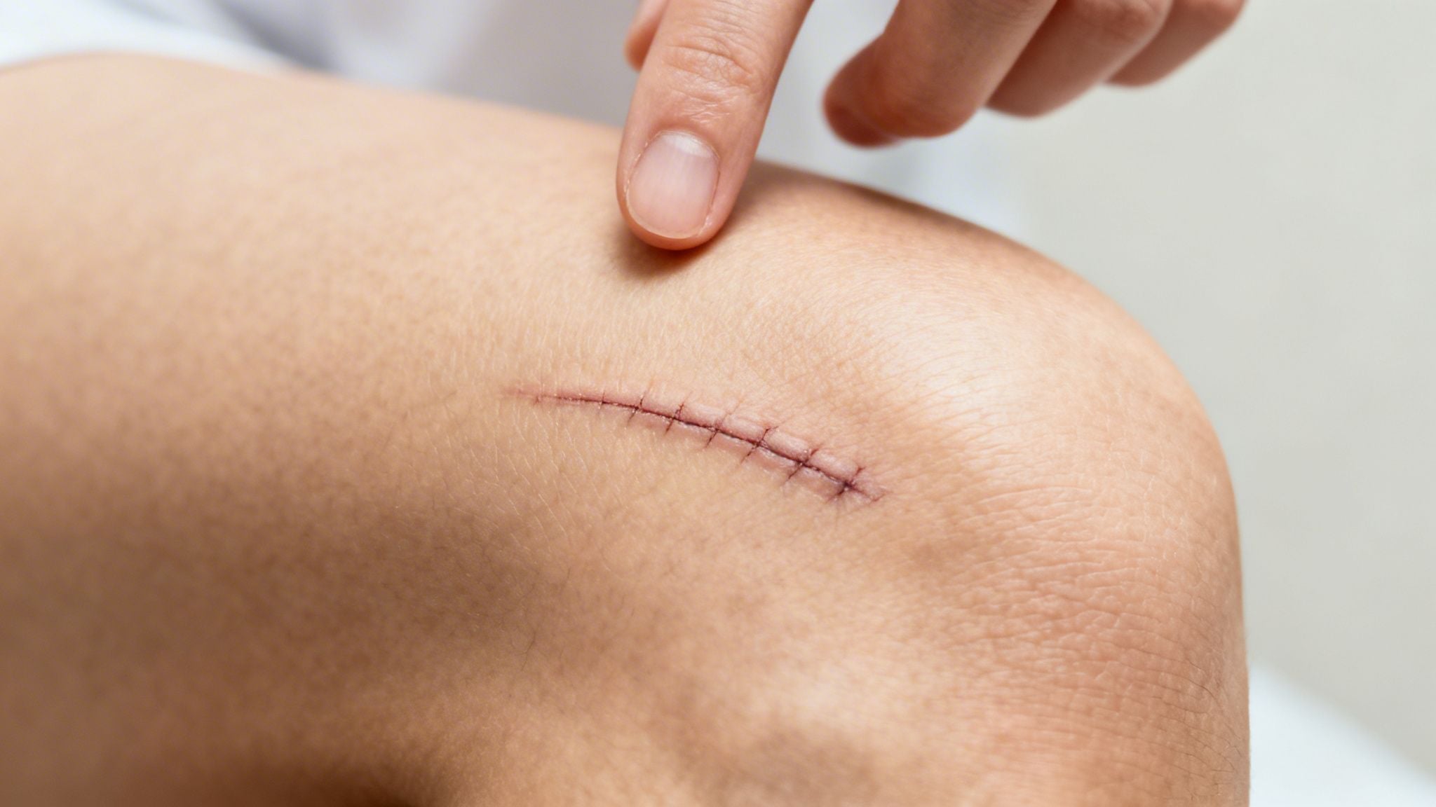 Close-up of a person's finger pointing at a fresh surgical scar with stitches on a knee.