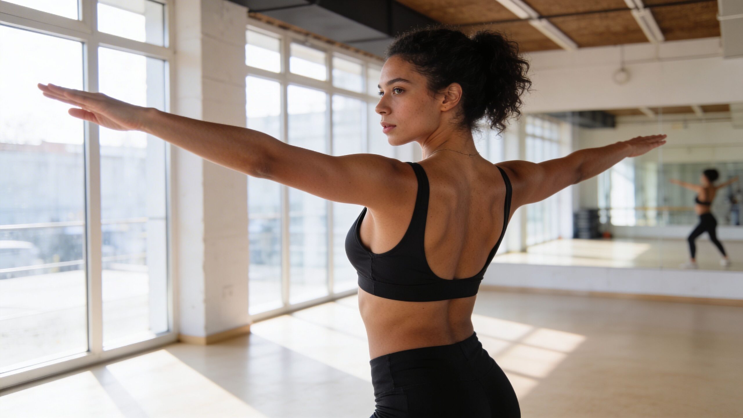 A fit woman in a black sports bra performing a dynamic chest stretch in a bright studio