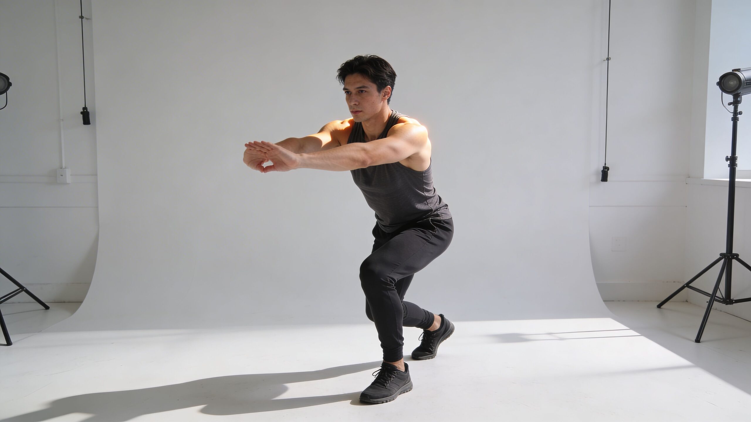 A fit man performing a standing dynamic chest stretch exercise with arms extended forward in a studio.