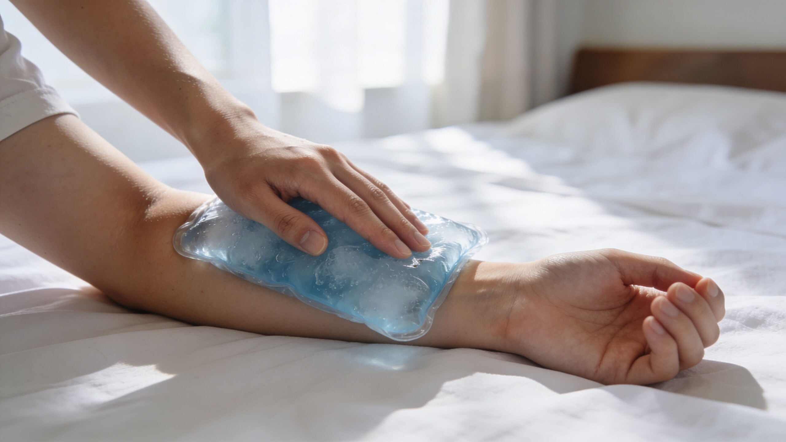 A person applying a blue gel ice pack to their forearm to alleviate joint pain on a bed.