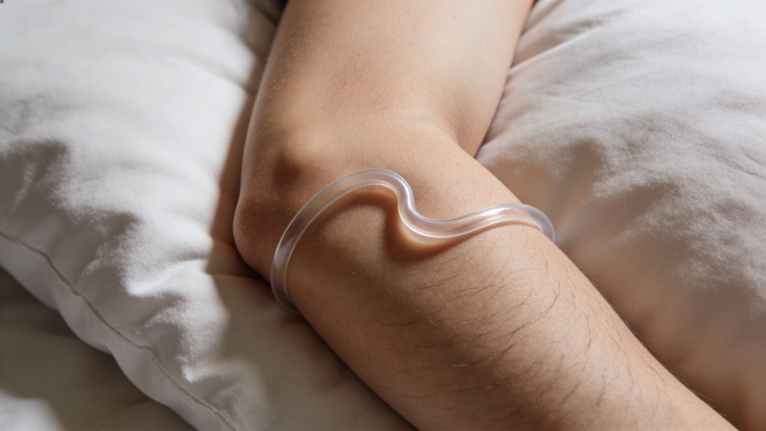 A close-up view of an arm resting on a white pillow with a clear medical tube wrapped around the elbow.