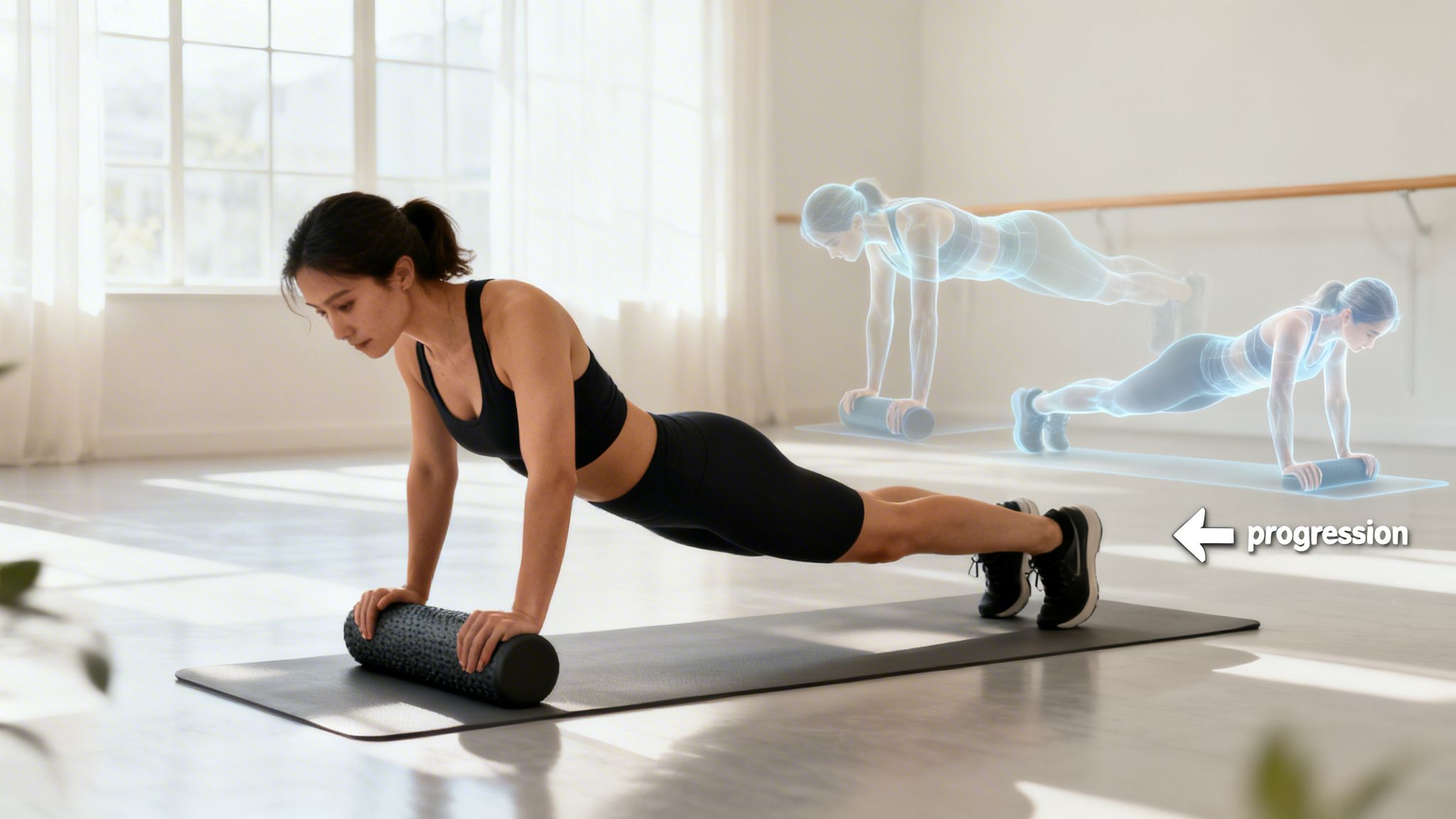 A woman demonstrating a foam roller plank progression exercise for improving posture and correcting thoracic kyphosis.