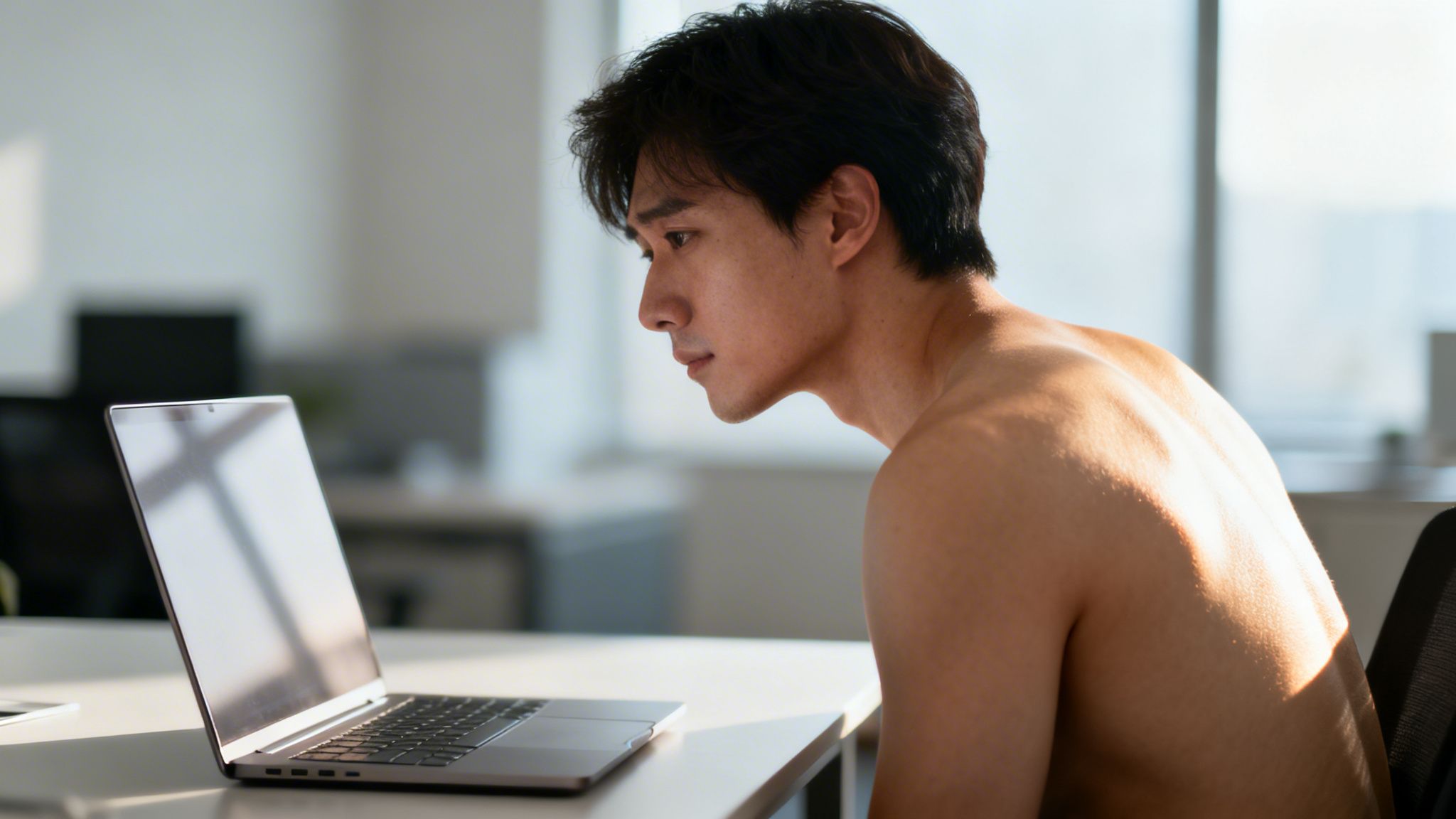 A shirtless young Asian man sitting at a desk with poor posture while looking at his laptop screen.