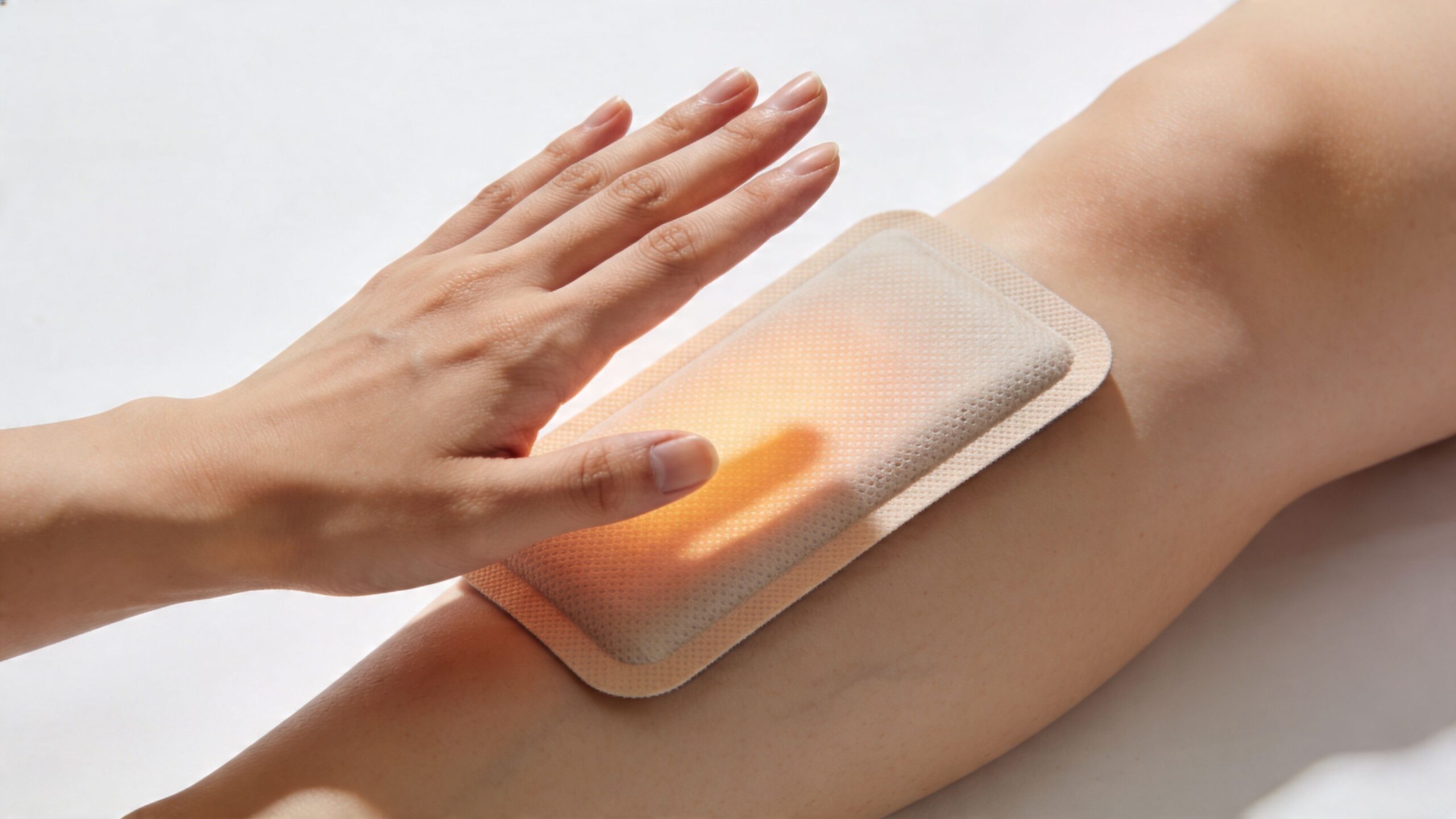 A person applying a warm heat therapy patch onto their sore calf muscle for pain relief.