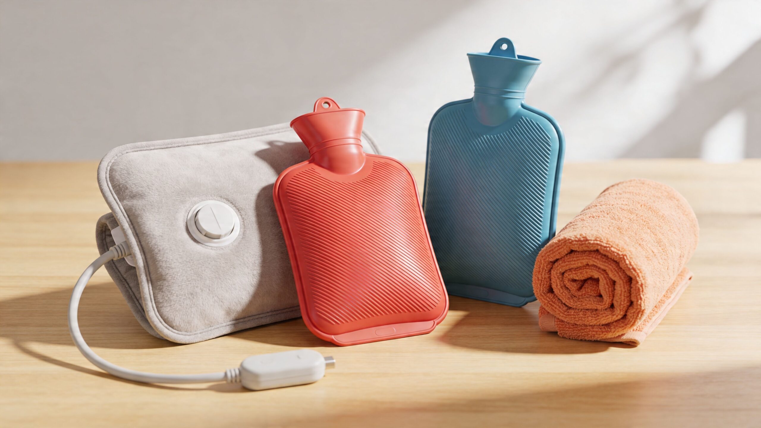 A gray electric heat pack, red and blue rubber hot water bottles, and a rolled orange towel.
