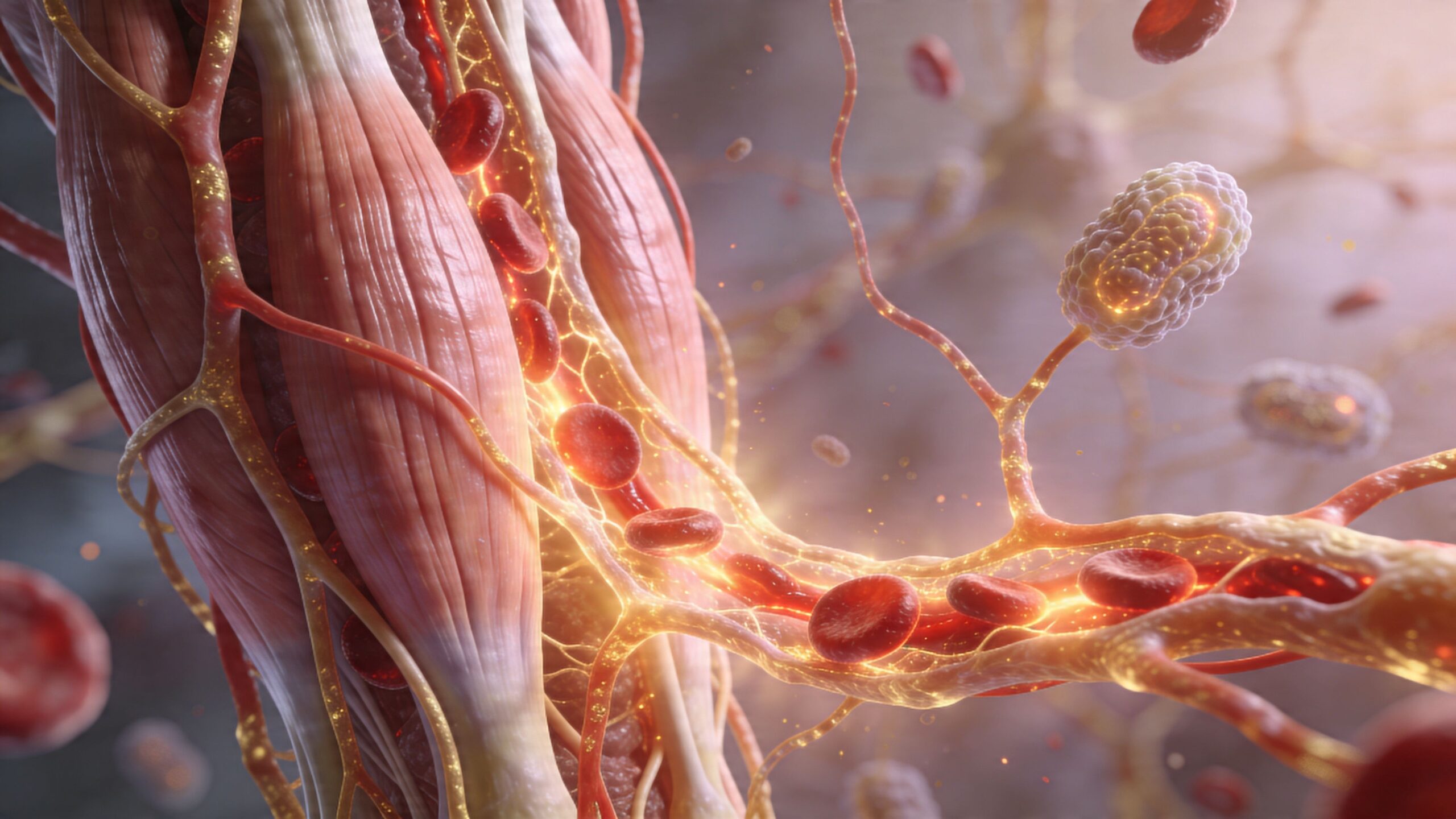 A microscopic 3D visualization showing red blood cells flowing through vessels surrounding human muscle tissue fibers.