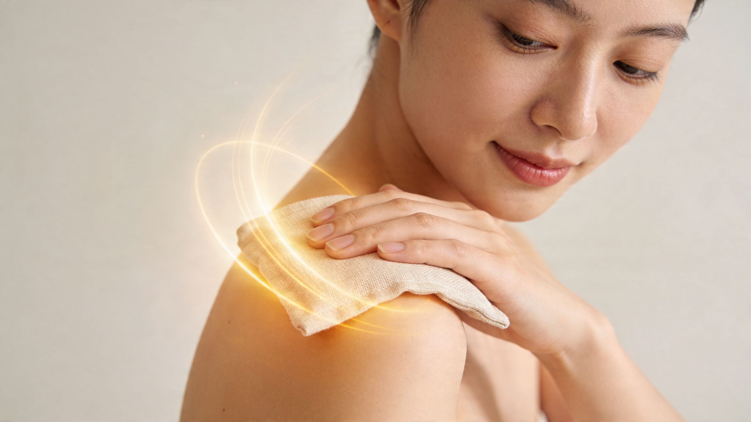 A woman applying a warm fabric compress on her shoulder to soothe muscle pain with light effects