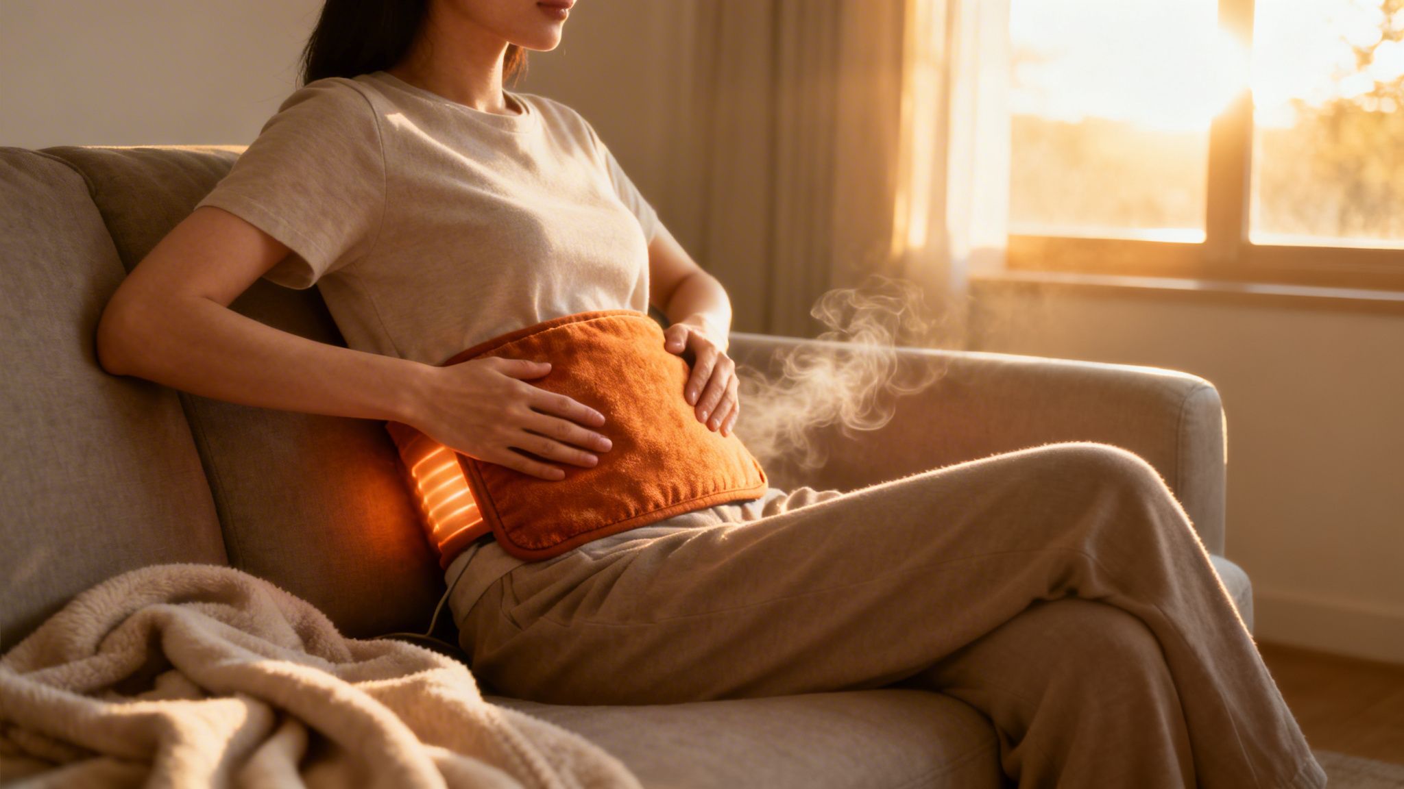 A woman uses a steaming hot water bottle for stomach pain, sitting on a couch in warm sunlight.