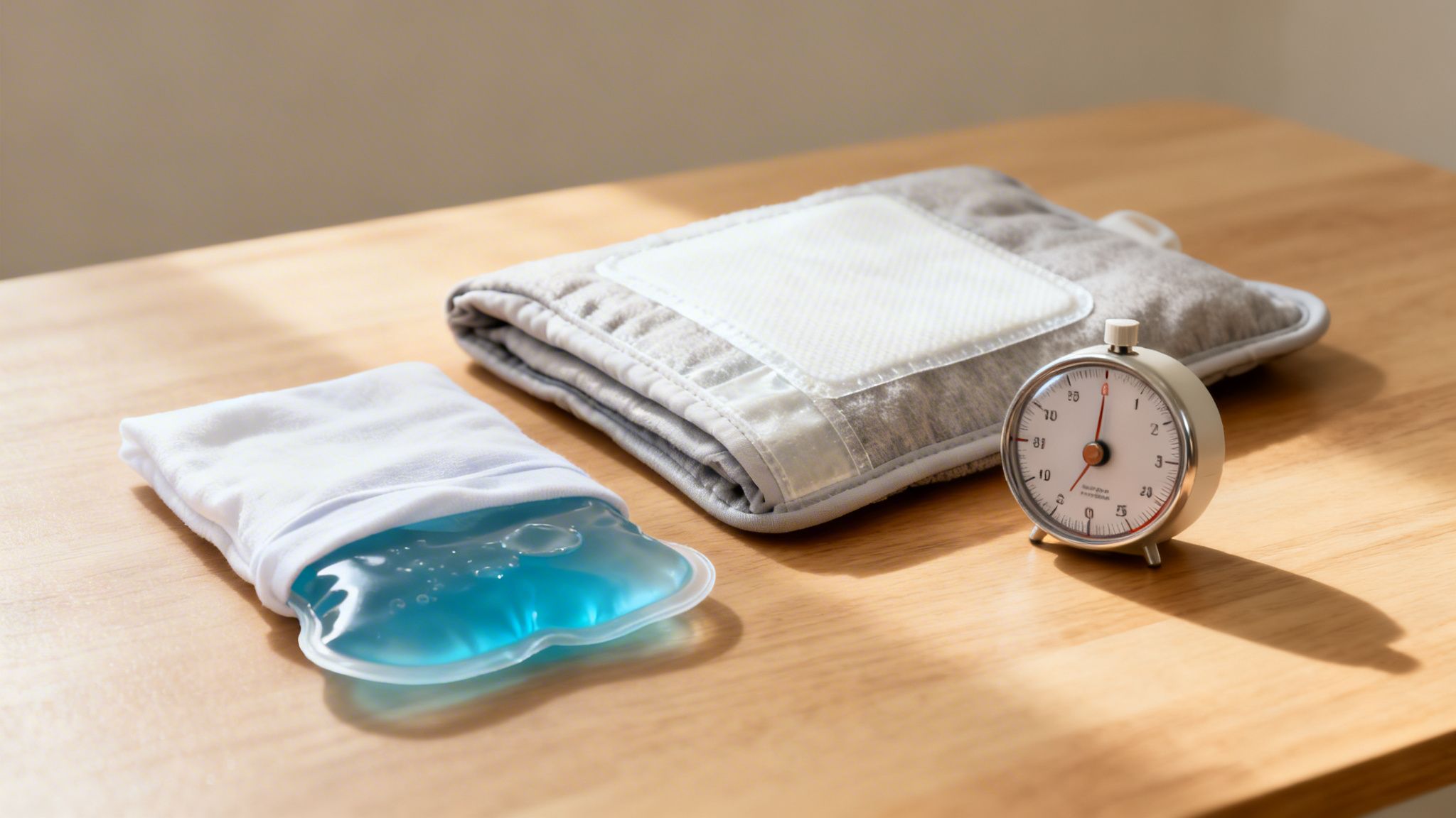 Cold compress, heating pad, and timer on a wooden table, illustrating heat vs cold therapy.