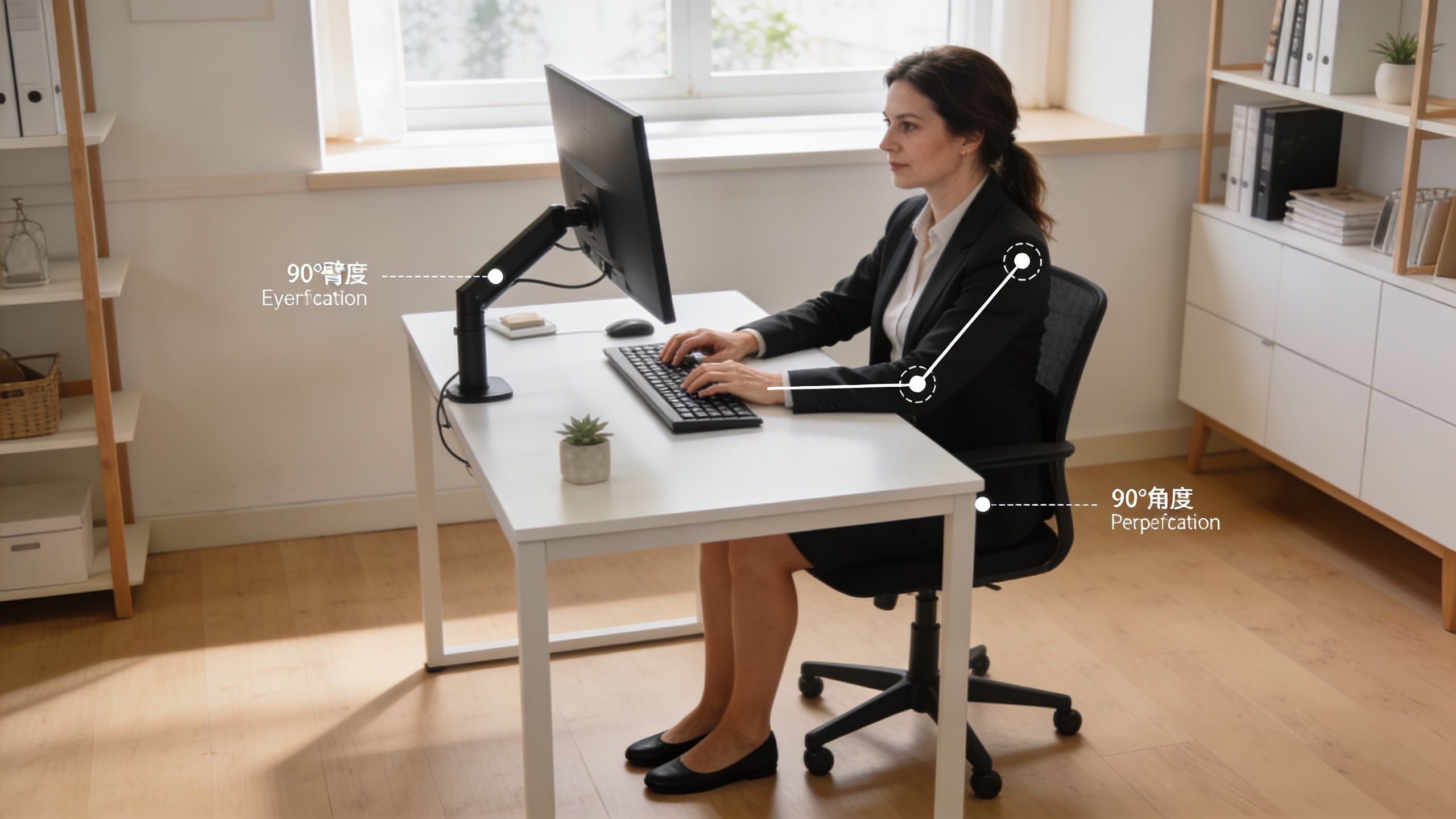 A professional woman maintaining perfect 90-degree ergonomic posture while working at her desk with computer equipment.