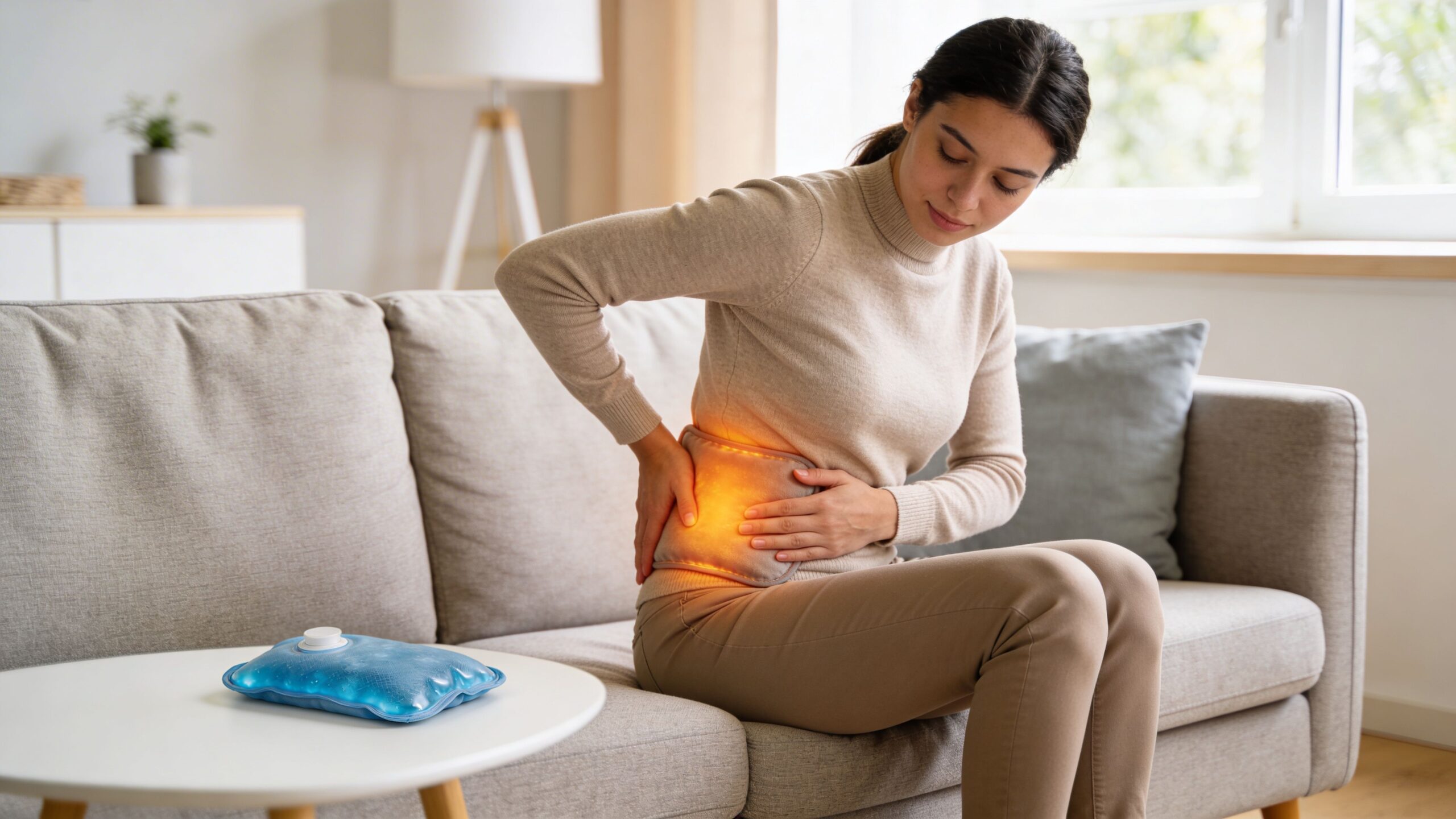 A young woman sitting on a couch applying a heating pad to soothe her lower back pain.