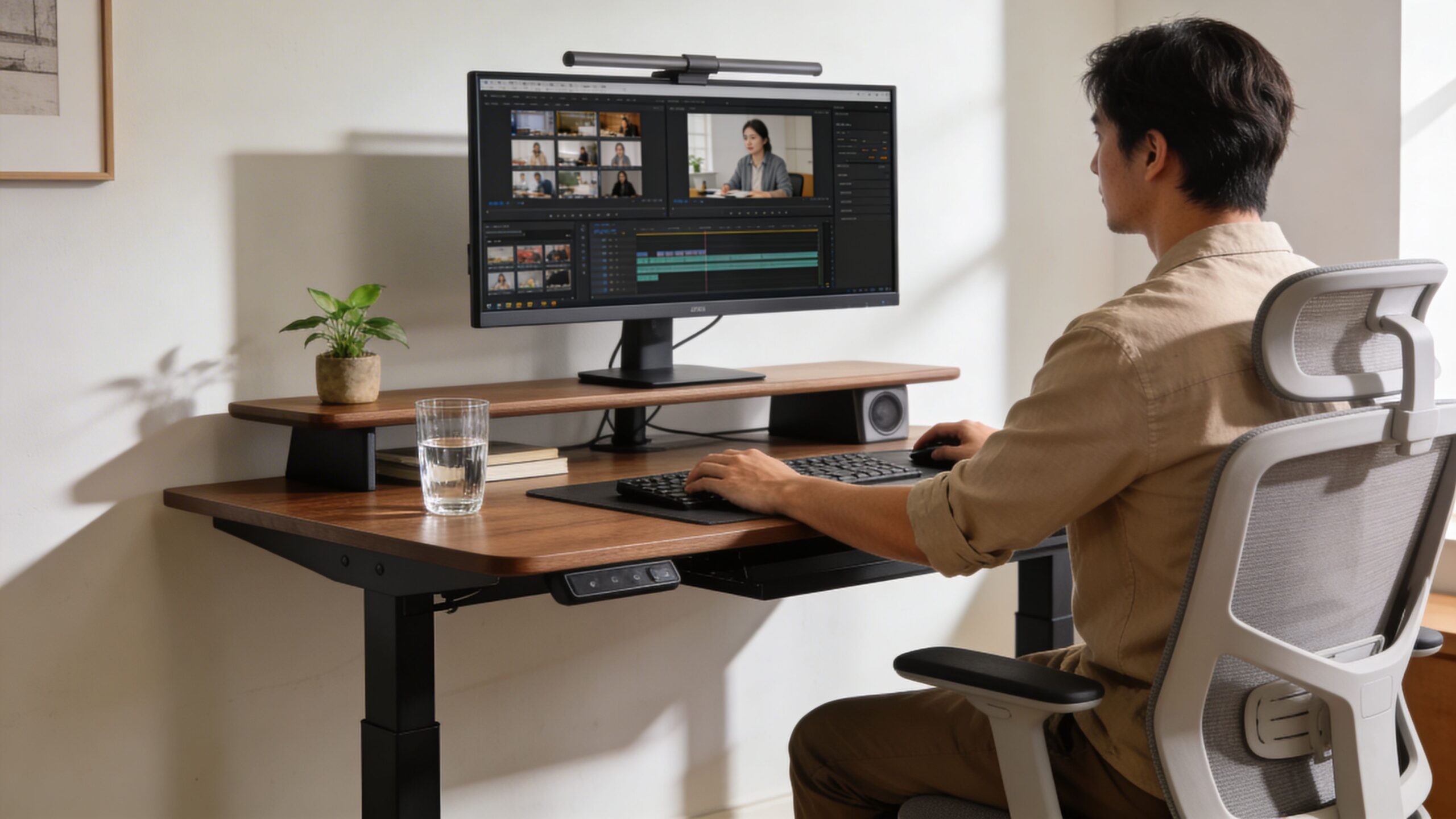 A man sits at a wooden standing desk working on a computer video editing project.