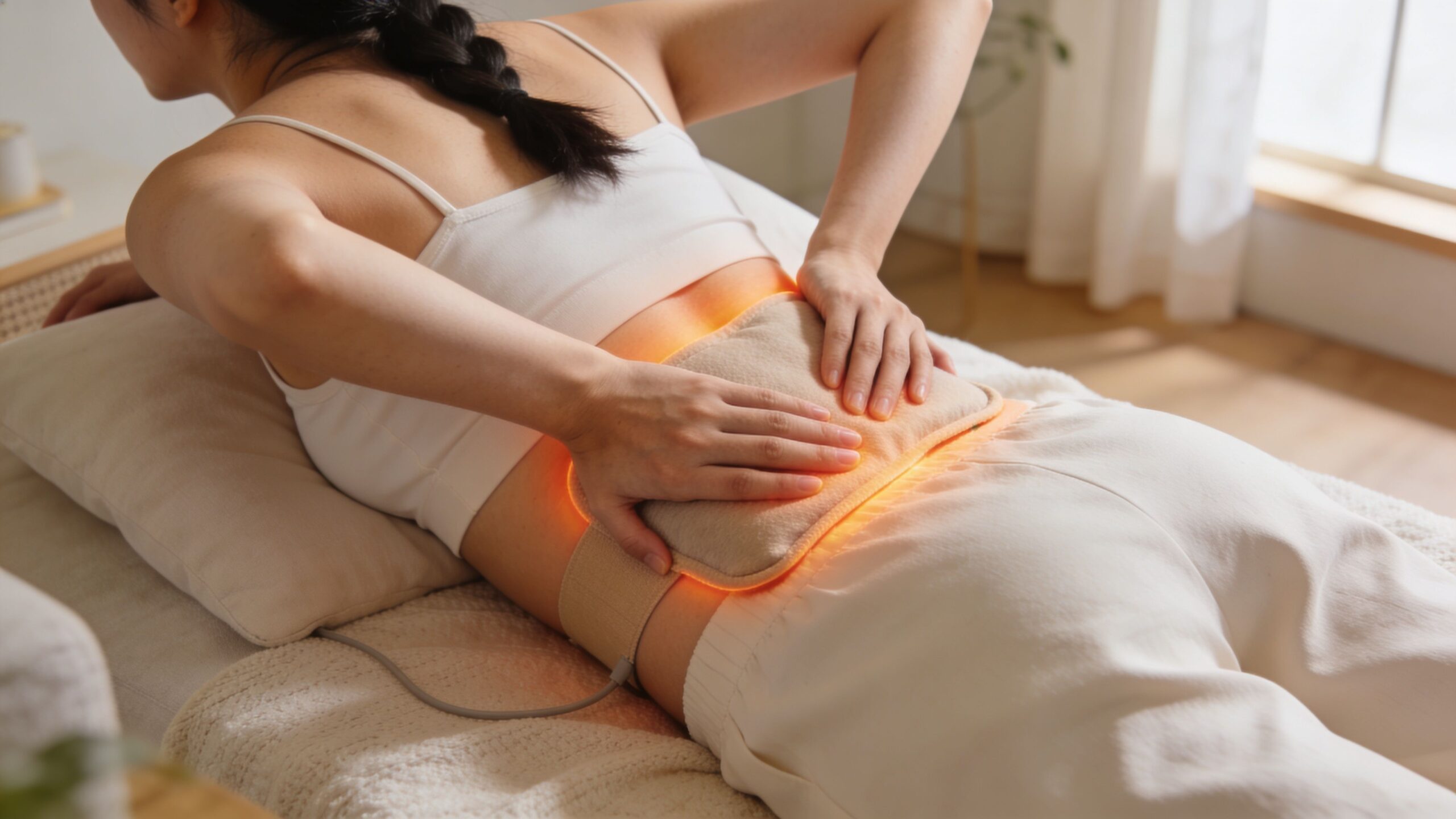 A woman lying down on her stomach using a heating pad on her lower back for muscle pain.