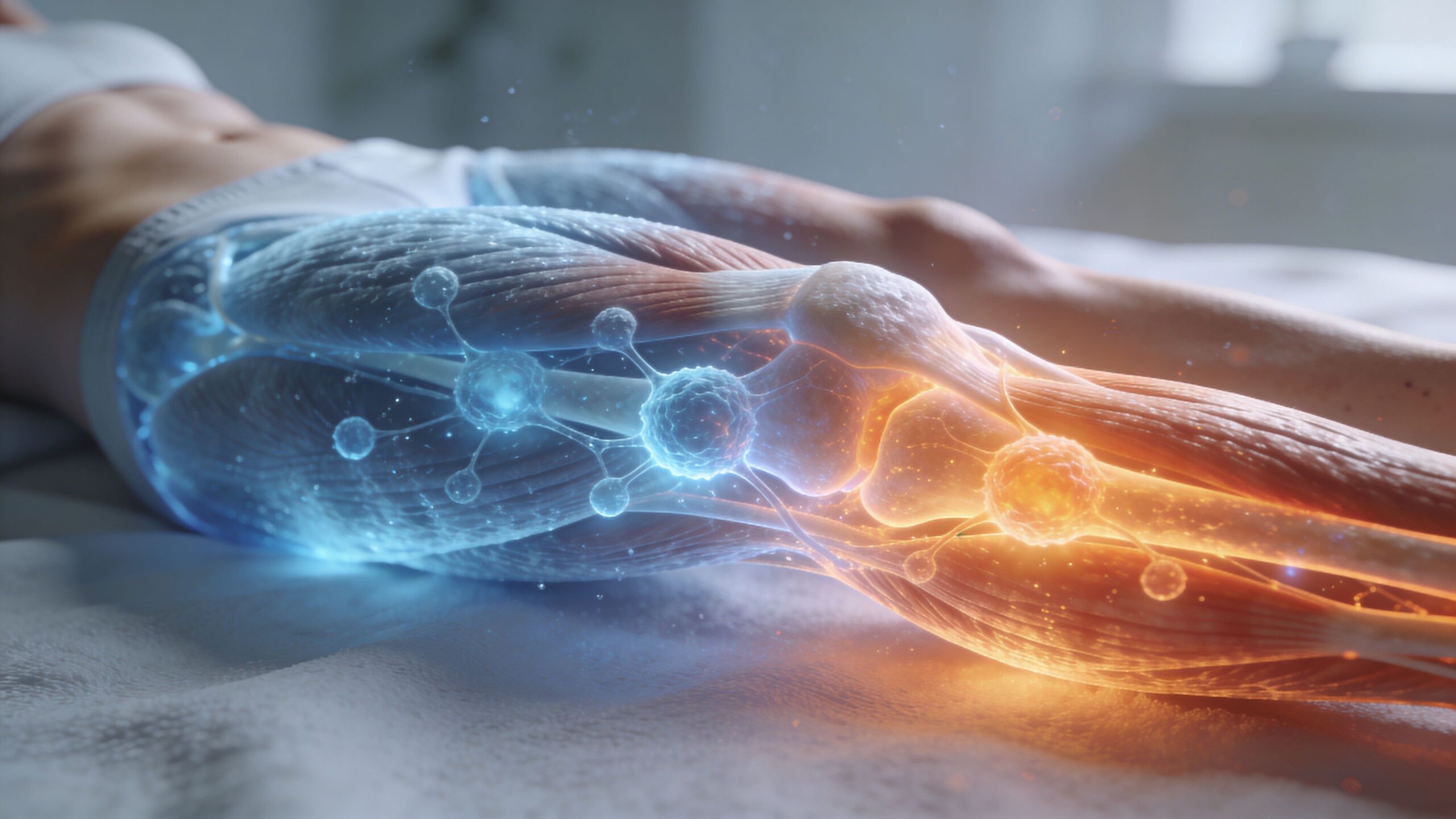 A conceptual illustration showing a human leg with contrasting blue cold and orange heat therapy effects.