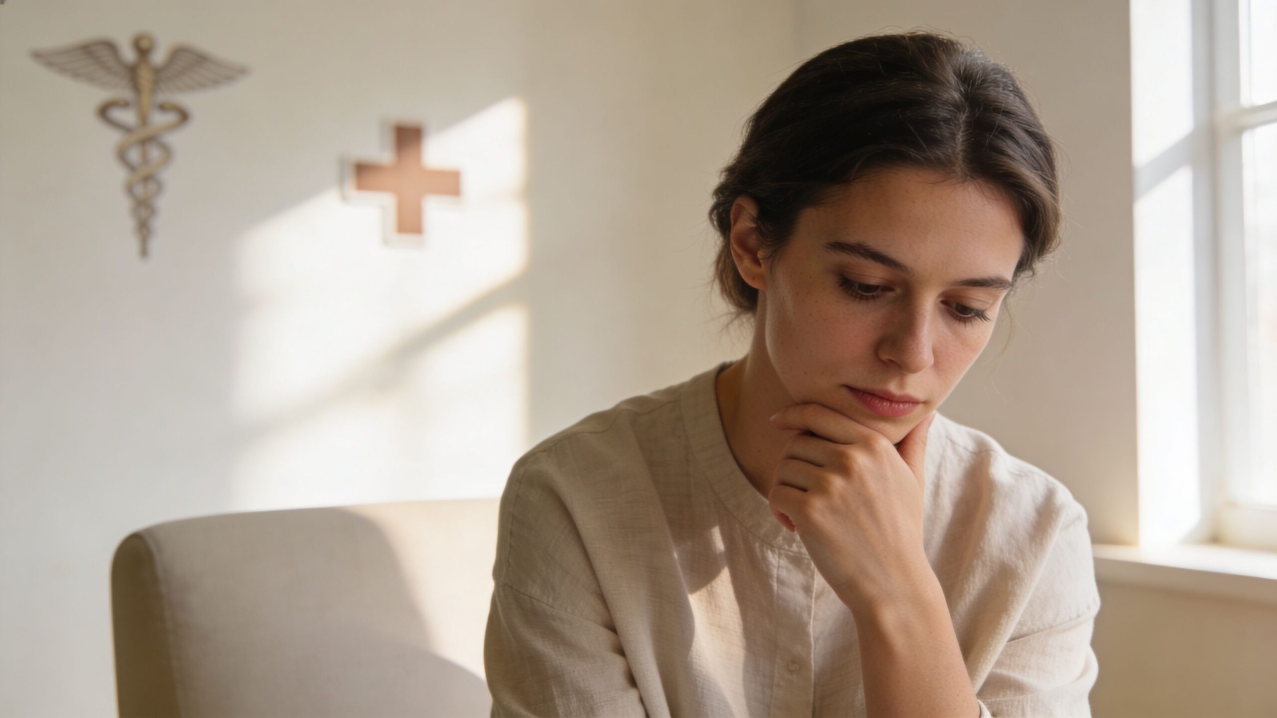 A pensive woman sits indoors near a wall displaying medical symbols, contemplating her physical comfort and health.