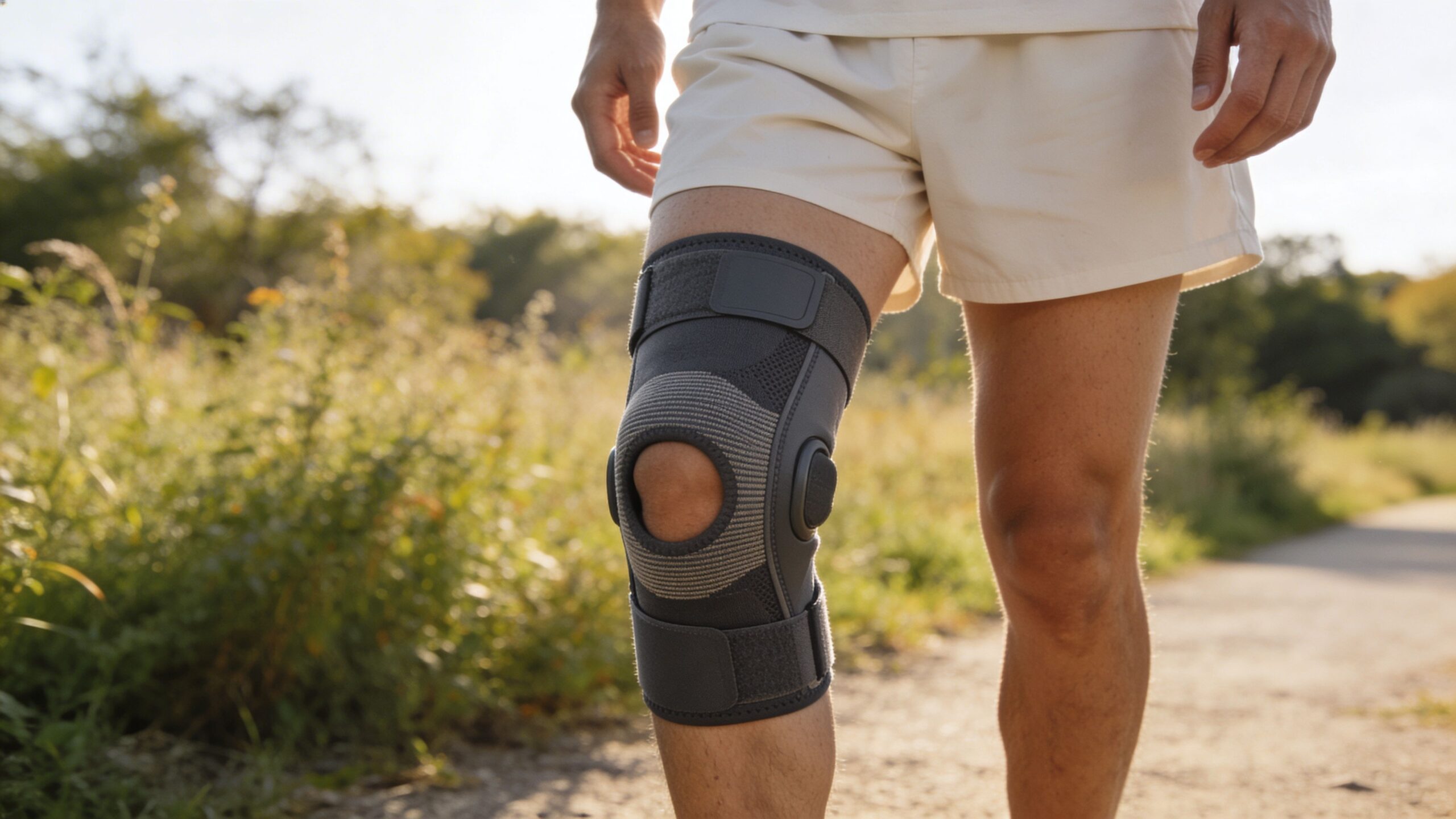 A person wearing a supportive knee brace while standing outdoors on a path for knee pain relief.