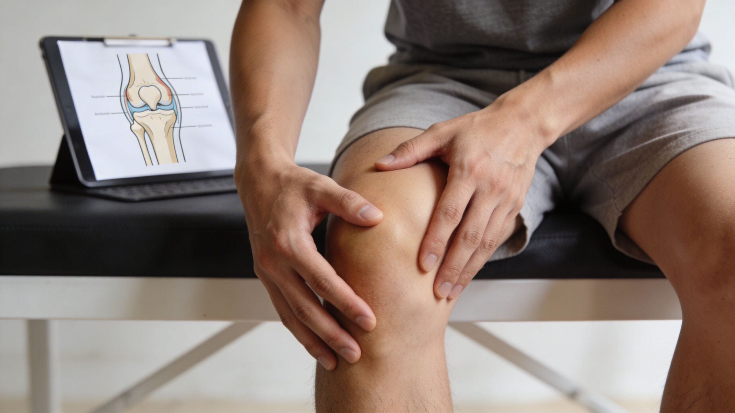 A person sitting on a medical table holding their painful knee while viewing a diagram on a tablet.