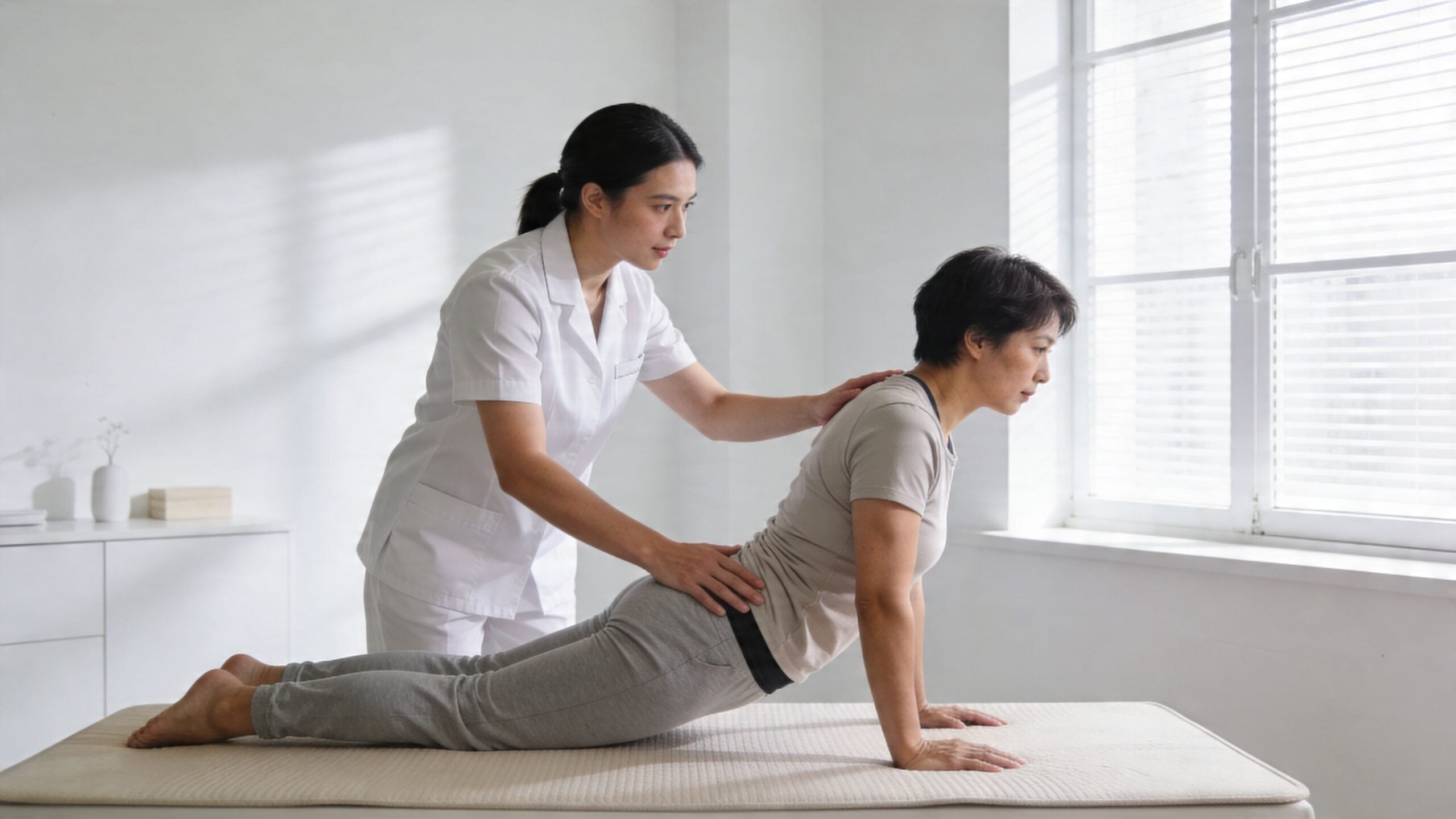 A physical therapist assists an older woman with a stretching exercise on a treatment table in clinic.